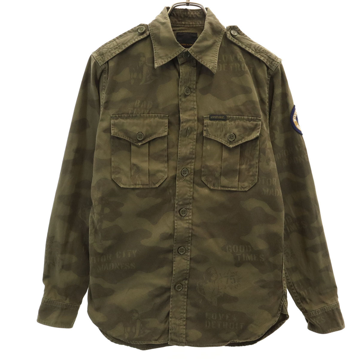 HYSTERIC GLAMOUR ヒステリックグラマー 日本製 カモフラ柄 長袖 ミリタリーシャツ S カーキ 迷彩 メンズ