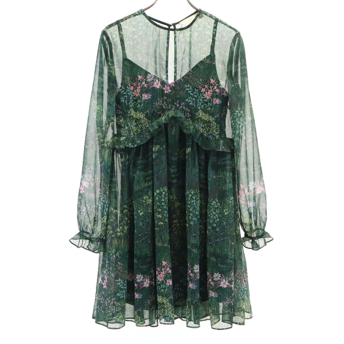 TED BAKER テッドベーカー 総柄 長袖 シフォン ミニワンピース 1 グリーン系 レディース