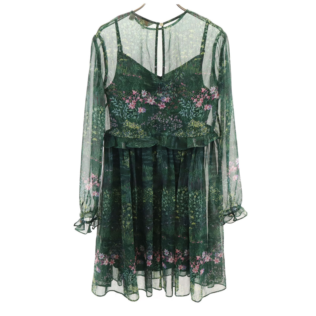 TED BAKER テッドベーカー 総柄 長袖 シフォン ミニワンピース 1 グリーン系 レディース