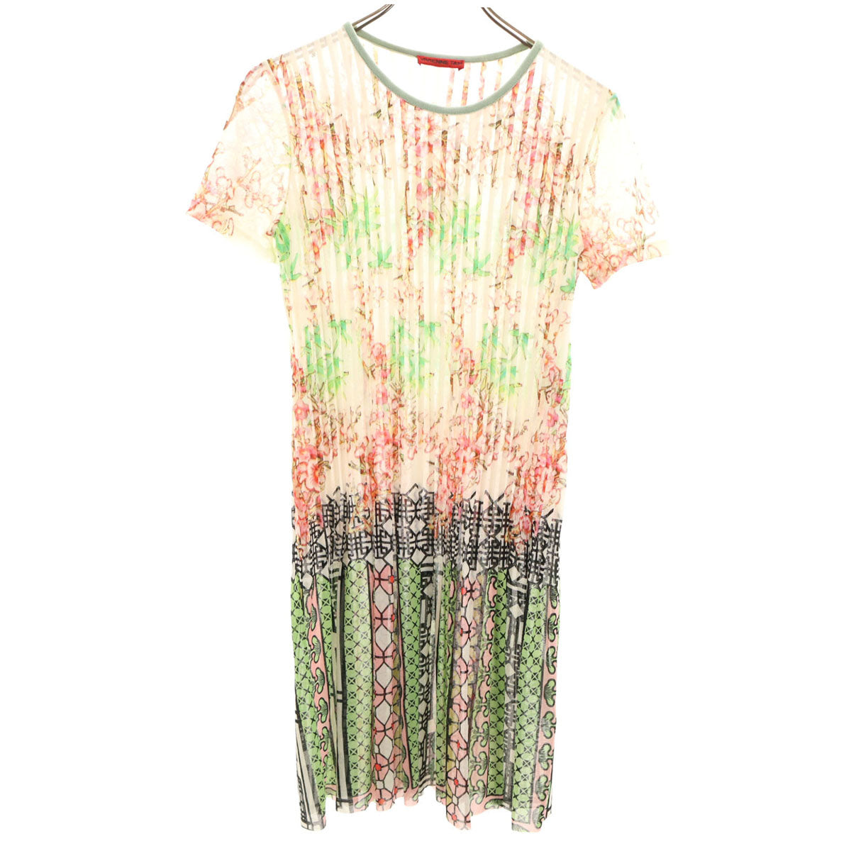 美品 VIVIENNE TAM ヴィヴィアンタム 花柄 半袖 ピンタック シアー ワンピース 0 アイボリー レディース