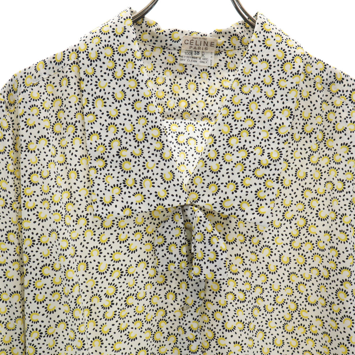 CELINE セリーヌ 90s イタリア製 フィービー期 総柄 長袖 ボウタイ シャツ 38 イエロー レディース