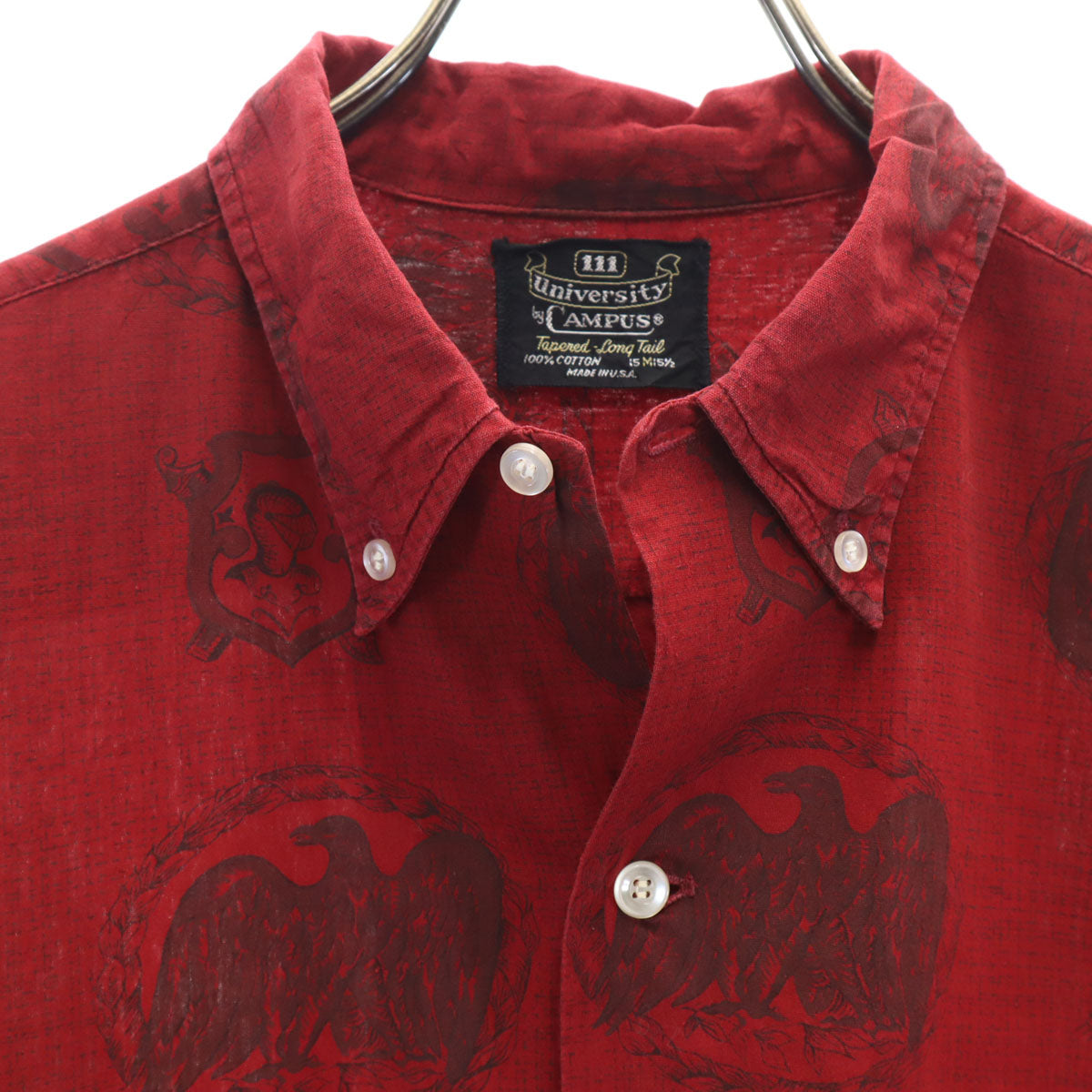 CAMPUS キャンパス 60s ヴィンテージ USA製 総柄 長袖 ボタンダウンシャツ M レッド メンズ