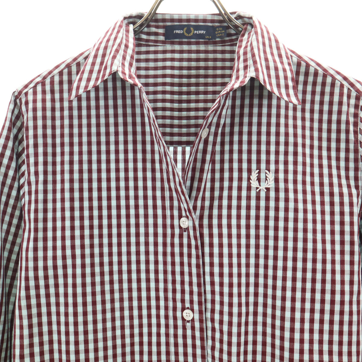 美品 FRED PERRY フレッドペリー チェック 長袖 シャツワンピース 34 ブルー系 レディース