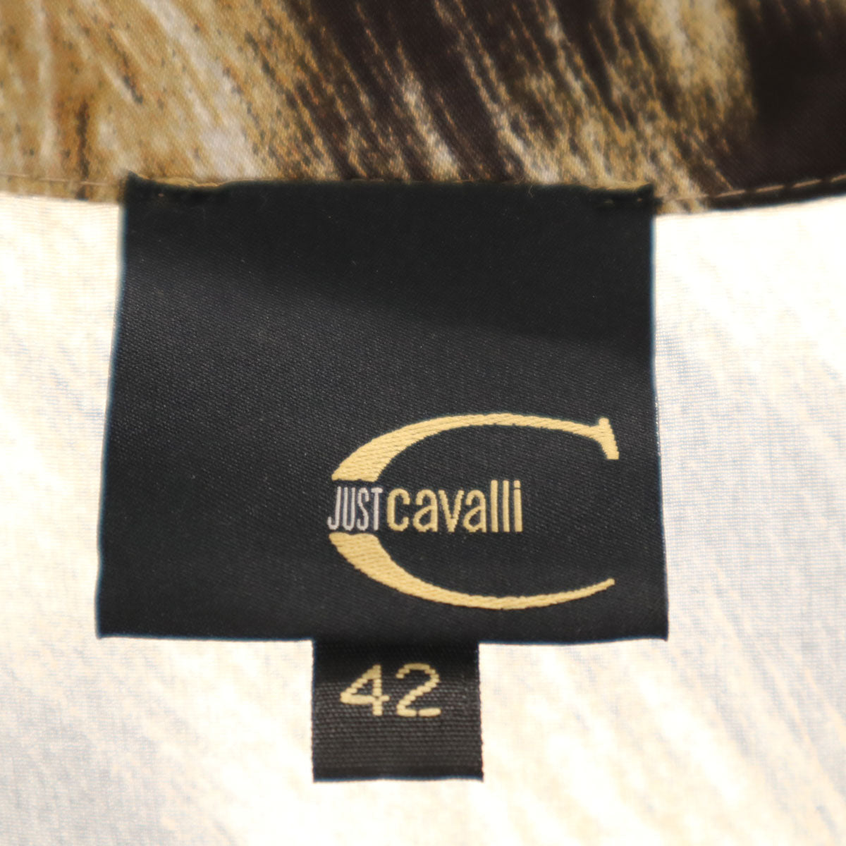 美品 Just Cavalli ジャストカヴァリ シルクブレンド レオパード柄 長袖 フリル ブラウス 42 ベージュ系 レディース