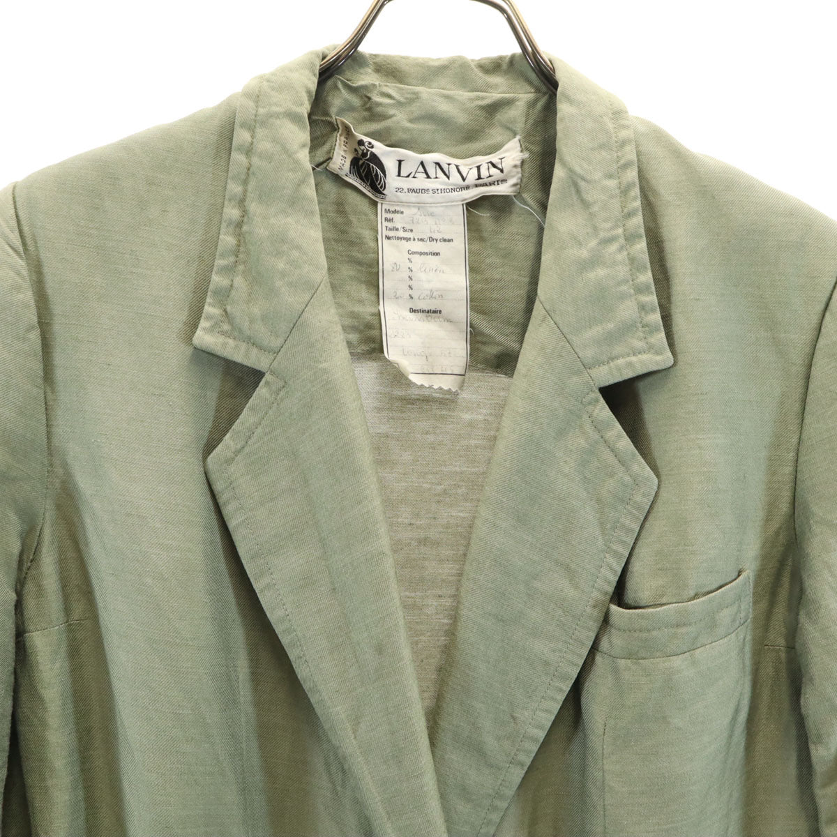 LANVIN ランバン 80s フランス製 リネンブレンド ヴィンテージ ダブル テーラードジャケット 42 オリーブ レディース