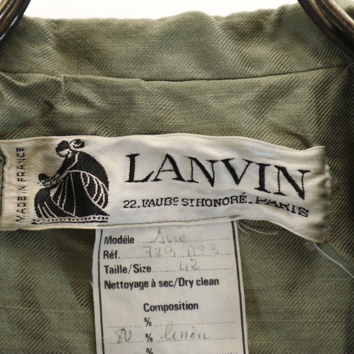 LANVIN ランバン 80s フランス製 リネンブレンド ヴィンテージ ダブル テーラードジャケット 42 オリーブ レディース