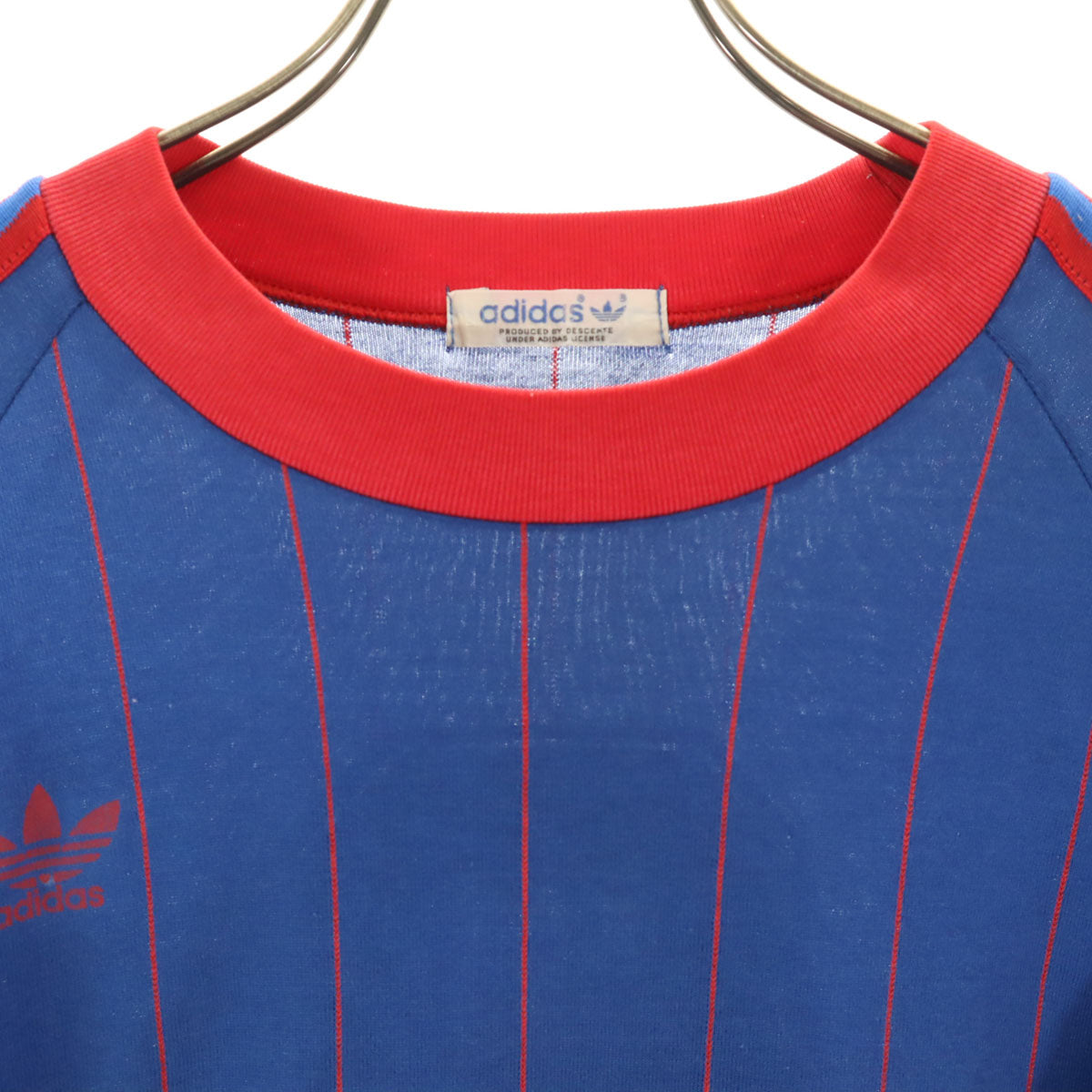adidas アディダス 70s 80s デサント製 ヴィンテージ トレフォイルロゴ ストライプ柄 長袖 Tシャツ L ブルー デサント ロンT トップス メンズ