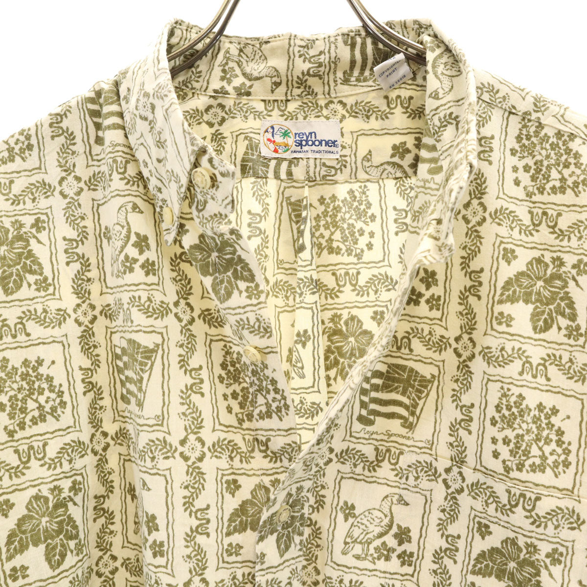 reyn spooner レインスプーナー 90s オールド 総柄 半袖 ボタンダウン アロハシャツ L カーキ メンズ