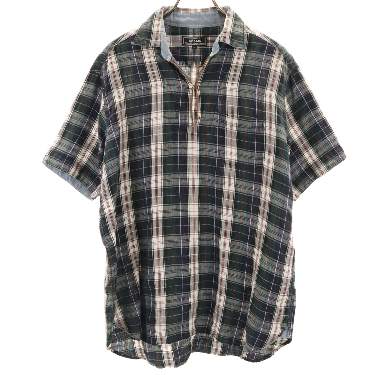 BEAMS ビームス リネン チェック柄 半袖 シャツ L ネイビー系 メンズ