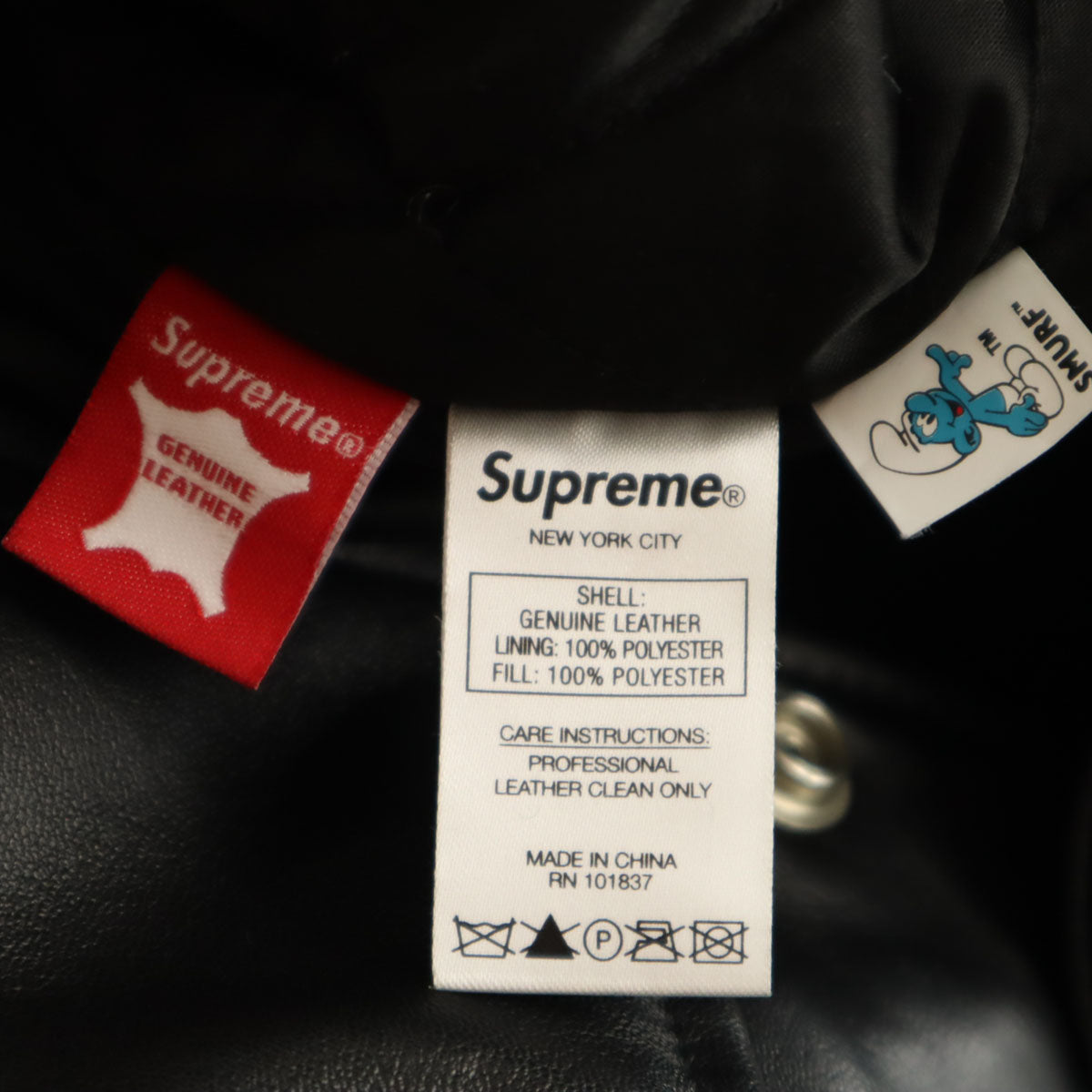 Supreme シュプリーム 20FW スマーフ コラボ 羊革レザー バーシティ ジャケット L ブラック x The Smurfs 中綿 メンズ