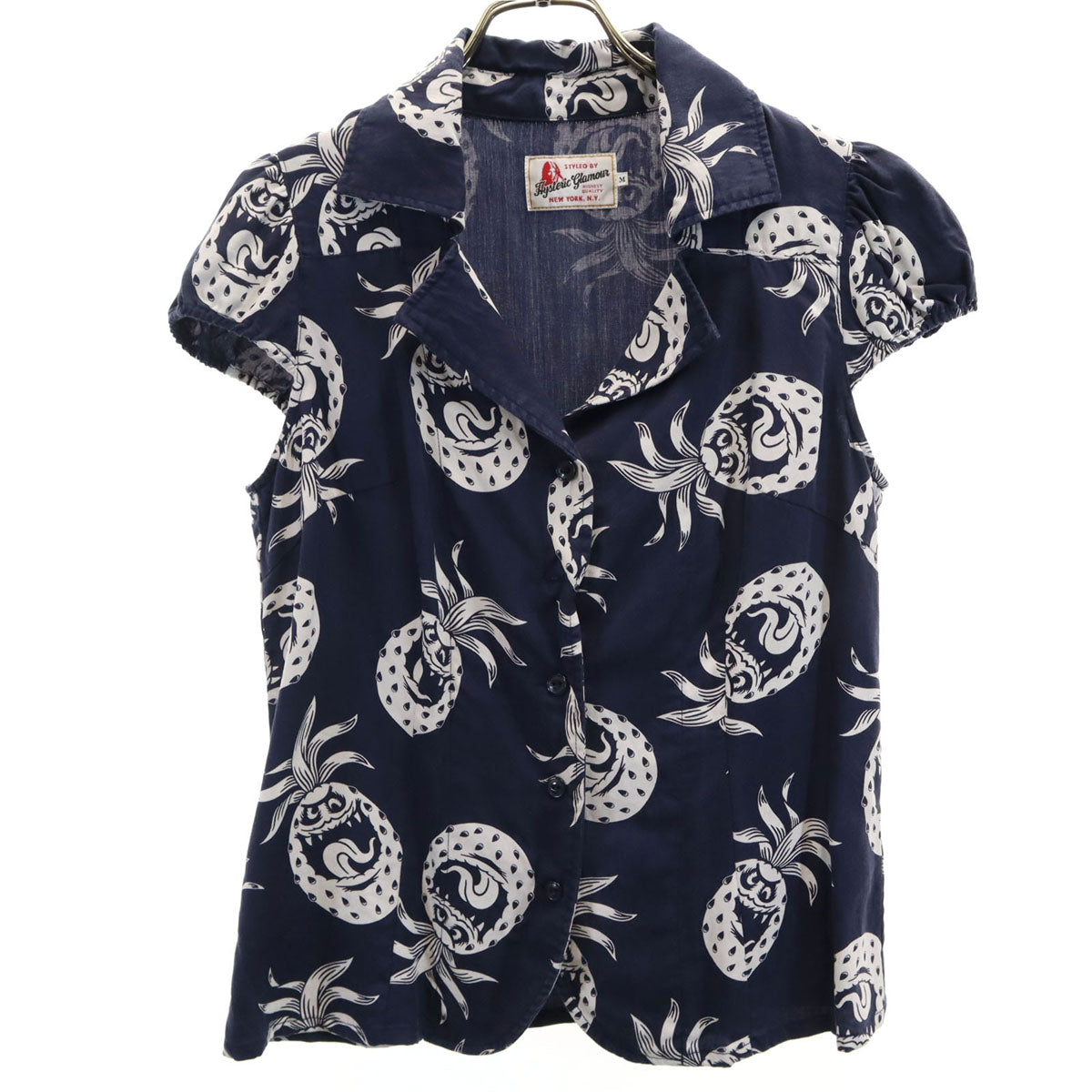 HYSTERIC GLAMOUR ヒステリックグラマー 日本製 パイナップル柄 フレンチスリーブ オープンカラーシャツ M ネイビー レディース