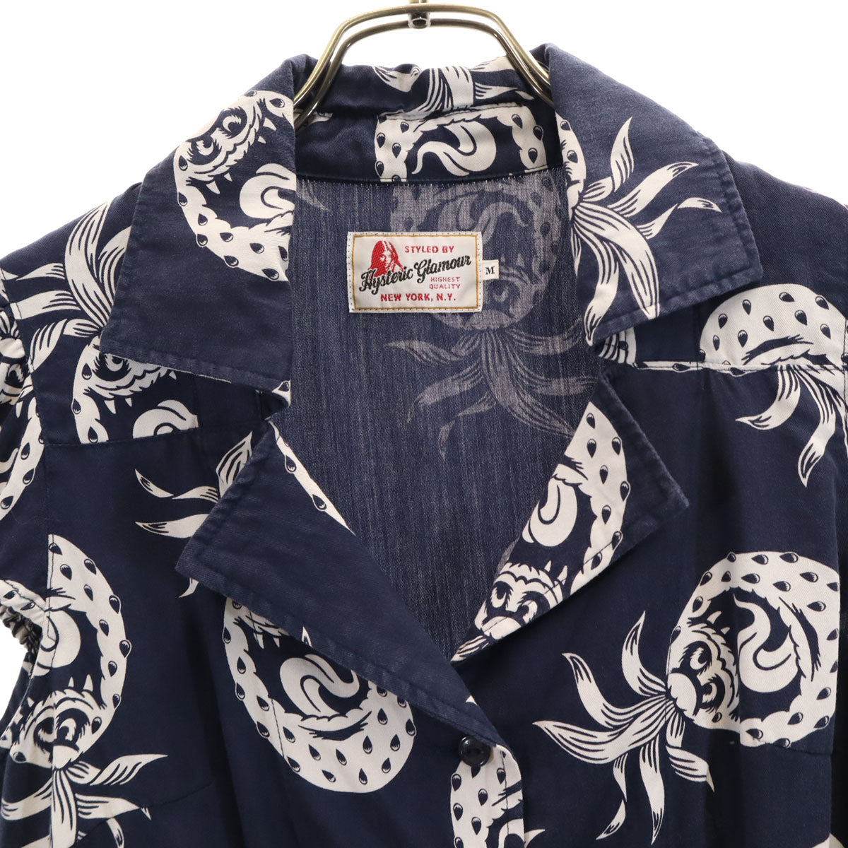 HYSTERIC GLAMOUR ヒステリックグラマー 日本製 パイナップル柄 フレンチスリーブ オープンカラーシャツ M ネイビー レディース