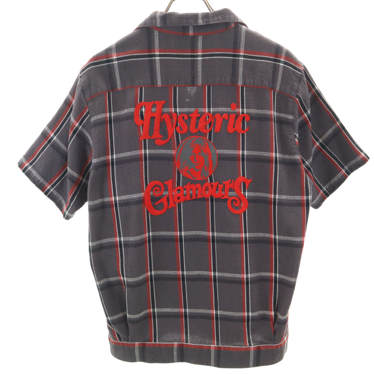 HYSTERIC GLAMOUR ヒステリックグラマー チェック柄 バック刺繍 半袖 ワッフル オープンカラーシャツ M チャコールグレー メンズ