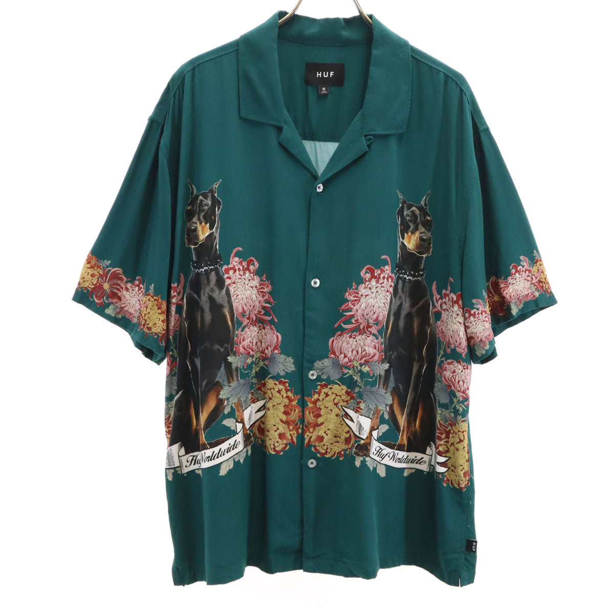 HUF ハフ ドーベルマン 半袖 アロハシャツ M グリーン 犬 メンズ