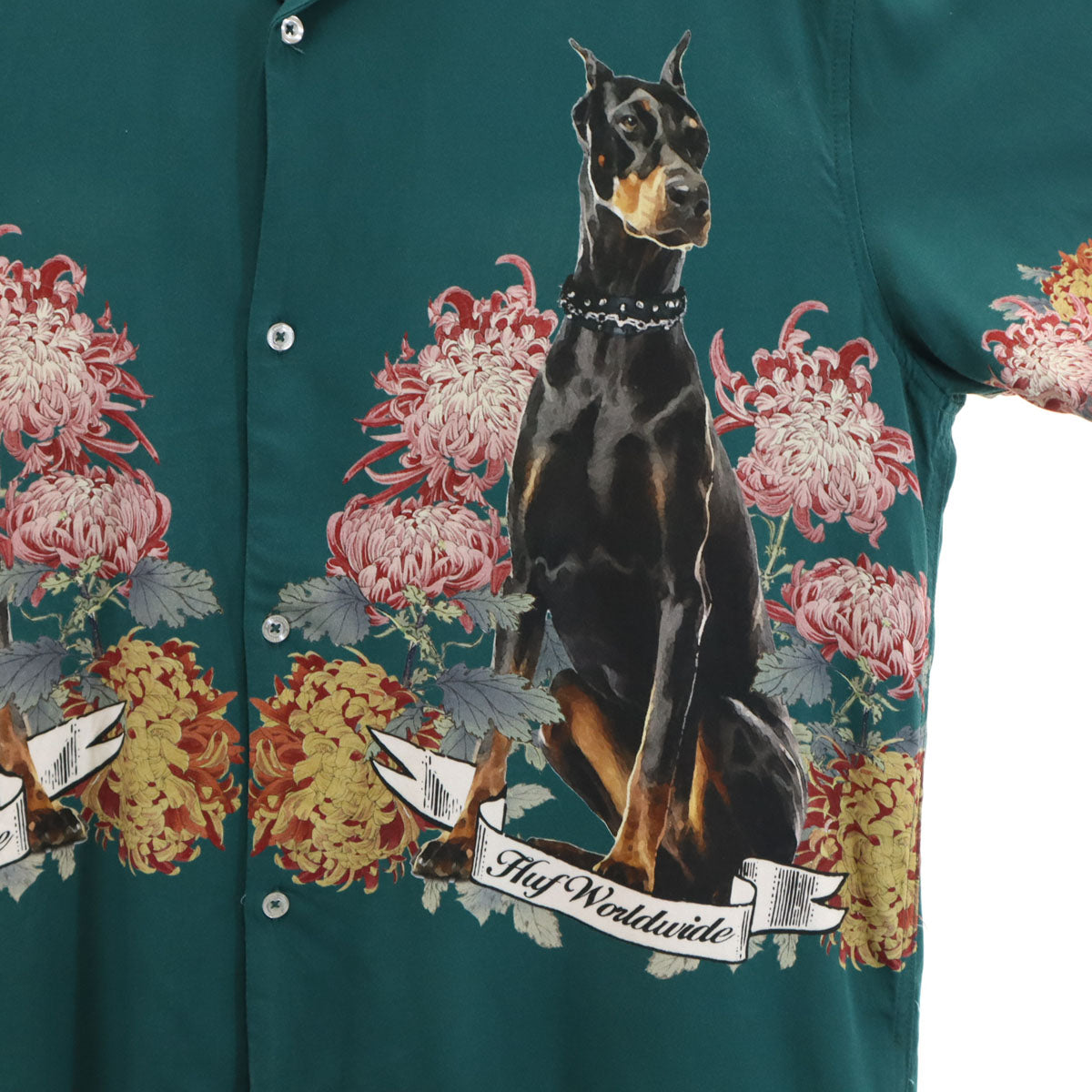HUF ハフ ドーベルマン 半袖 アロハシャツ M グリーン 犬 メンズ