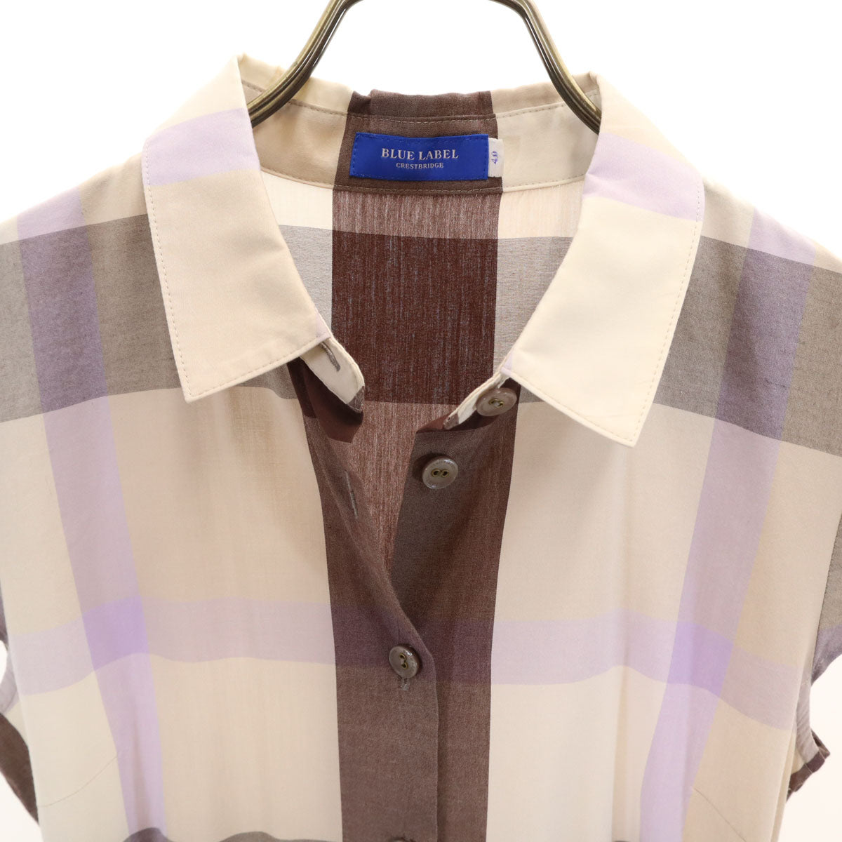 BLUE LABEL CRESTBRIDGE ブルーレーベルクレストブリッジ チェック柄 フレンチスリーブ ワンピース 40 グレージュ レディース