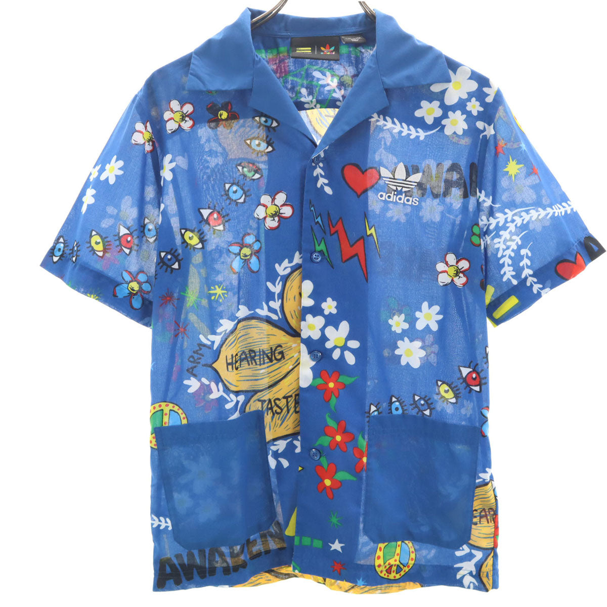 adidas アディダス Pharrell Williams ファレルウィリアムス コラボ 総柄 半袖 アロハシャツ M ブルー系 メンズ