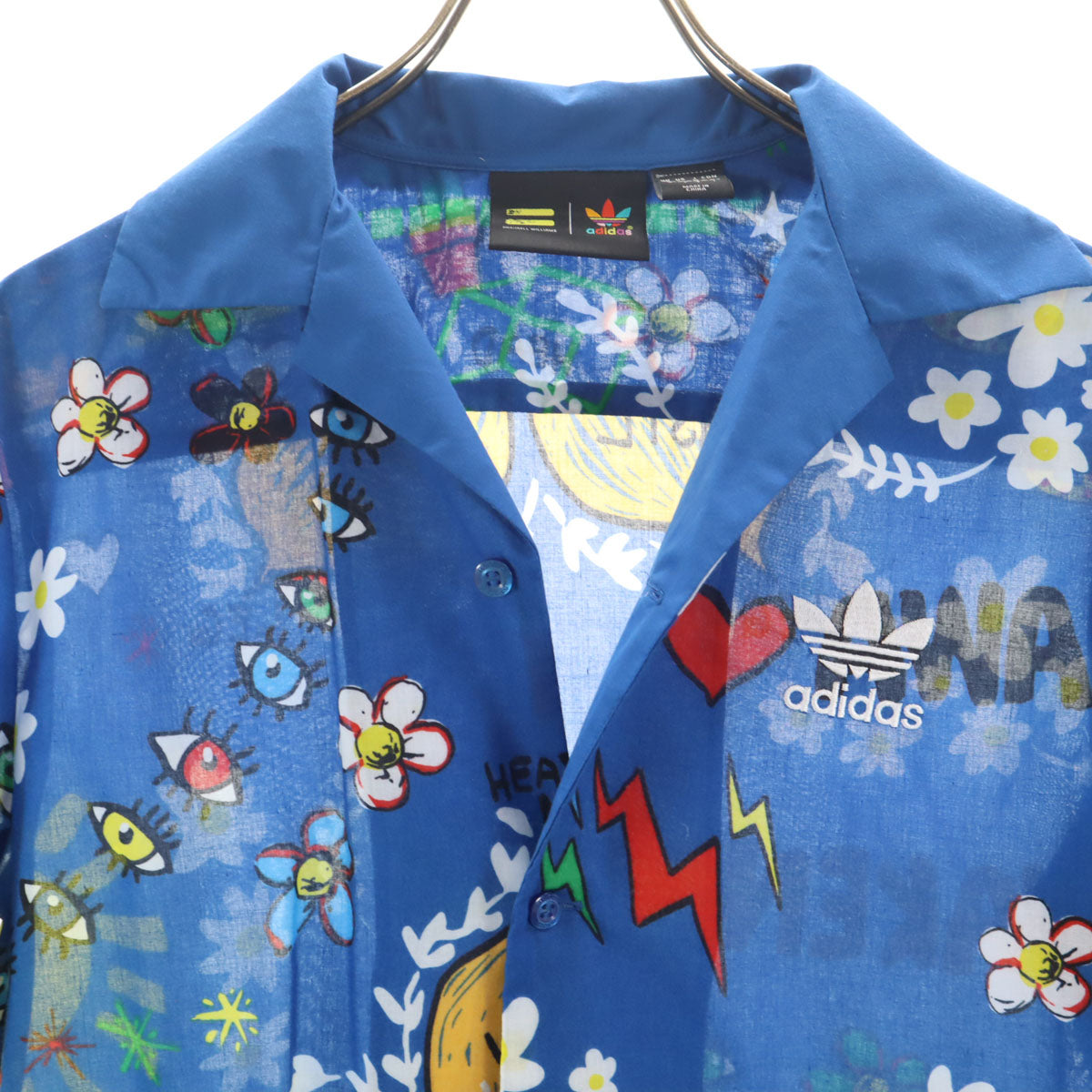 adidas アディダス Pharrell Williams ファレルウィリアムス コラボ 総柄 半袖 アロハシャツ M ブルー系 メンズ
