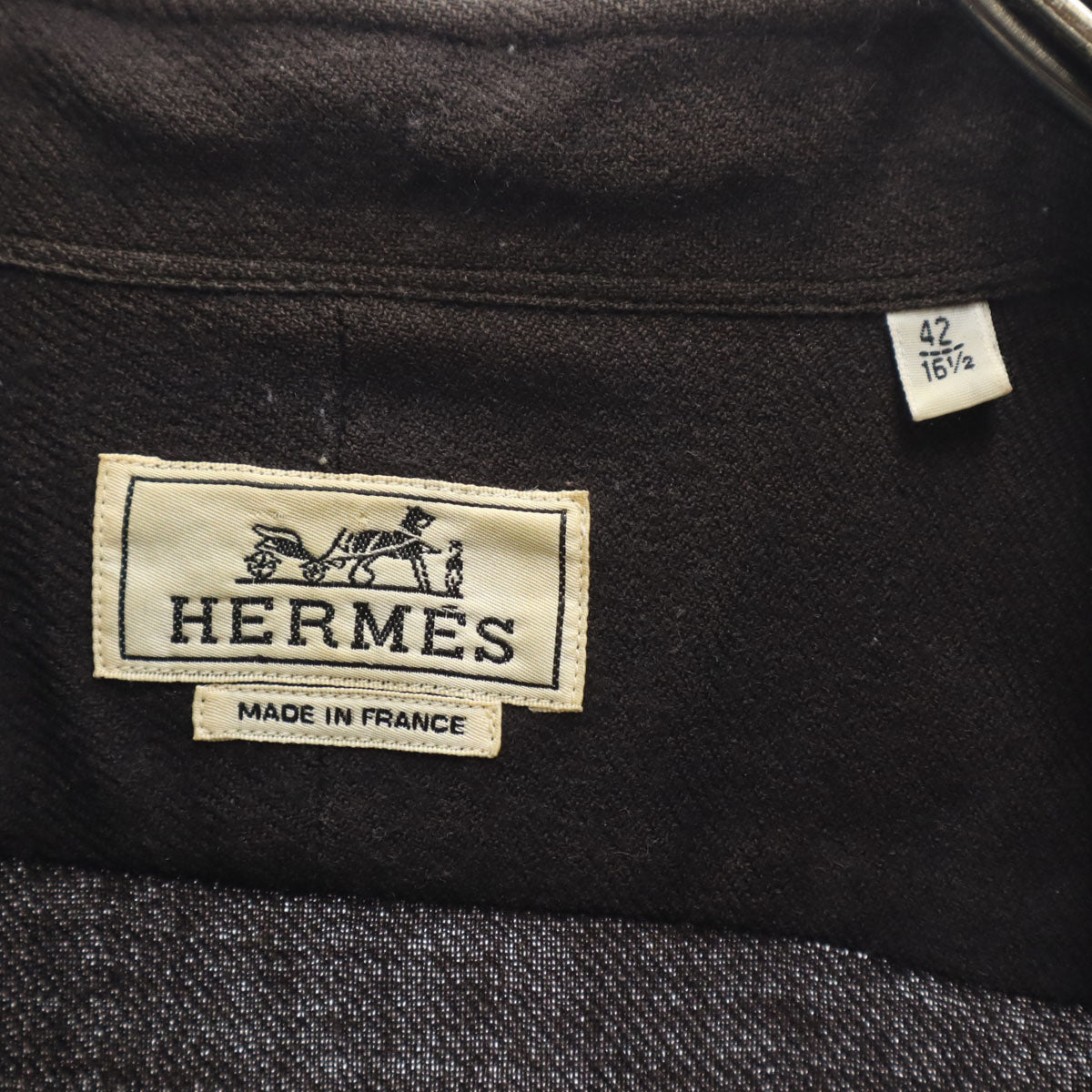 HERMES エルメス フランス製 長袖 ウールシャツ 42 ブラウン メンズ