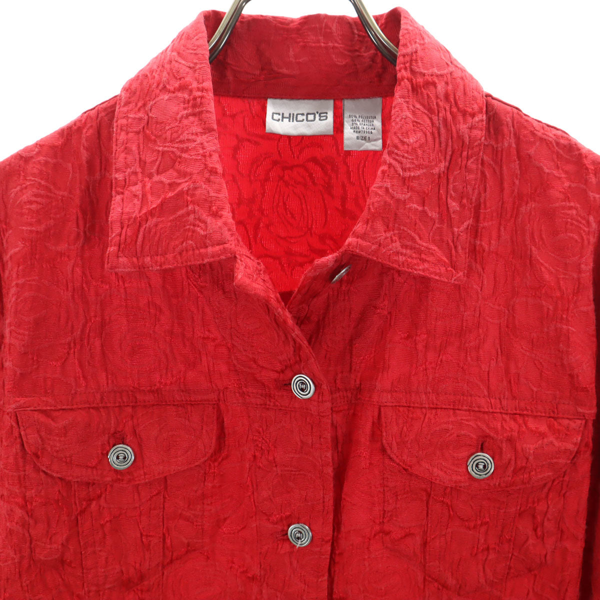 チコズ 00s オールド 長袖 ジャガード ワークシャツ 1 レッド バラ総柄 レディース