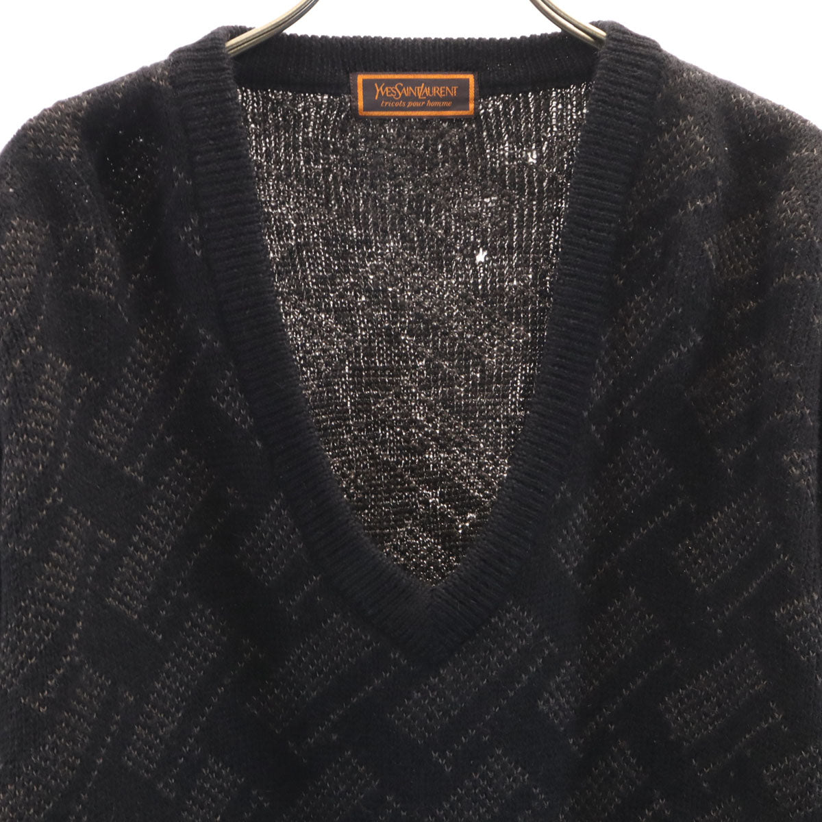 YVES SAINT LAURENT イヴサンローラン 90s オールド 総柄 長袖 Vネック セーター L ブラック ニット メンズ