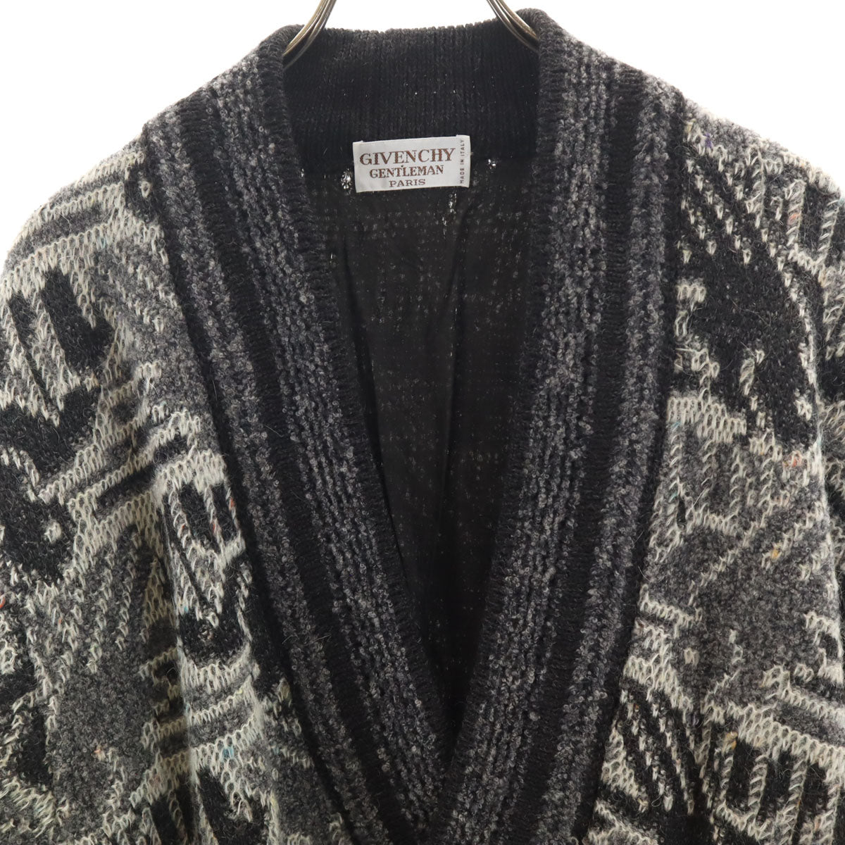 GIVENCHY GENTLEMAN ジバンシィ ジェントルマン 80s イタリア製 アルパカブレンド ヴィンテージ 総柄 長袖 ニットカーディガン 50 グレー メンズ
