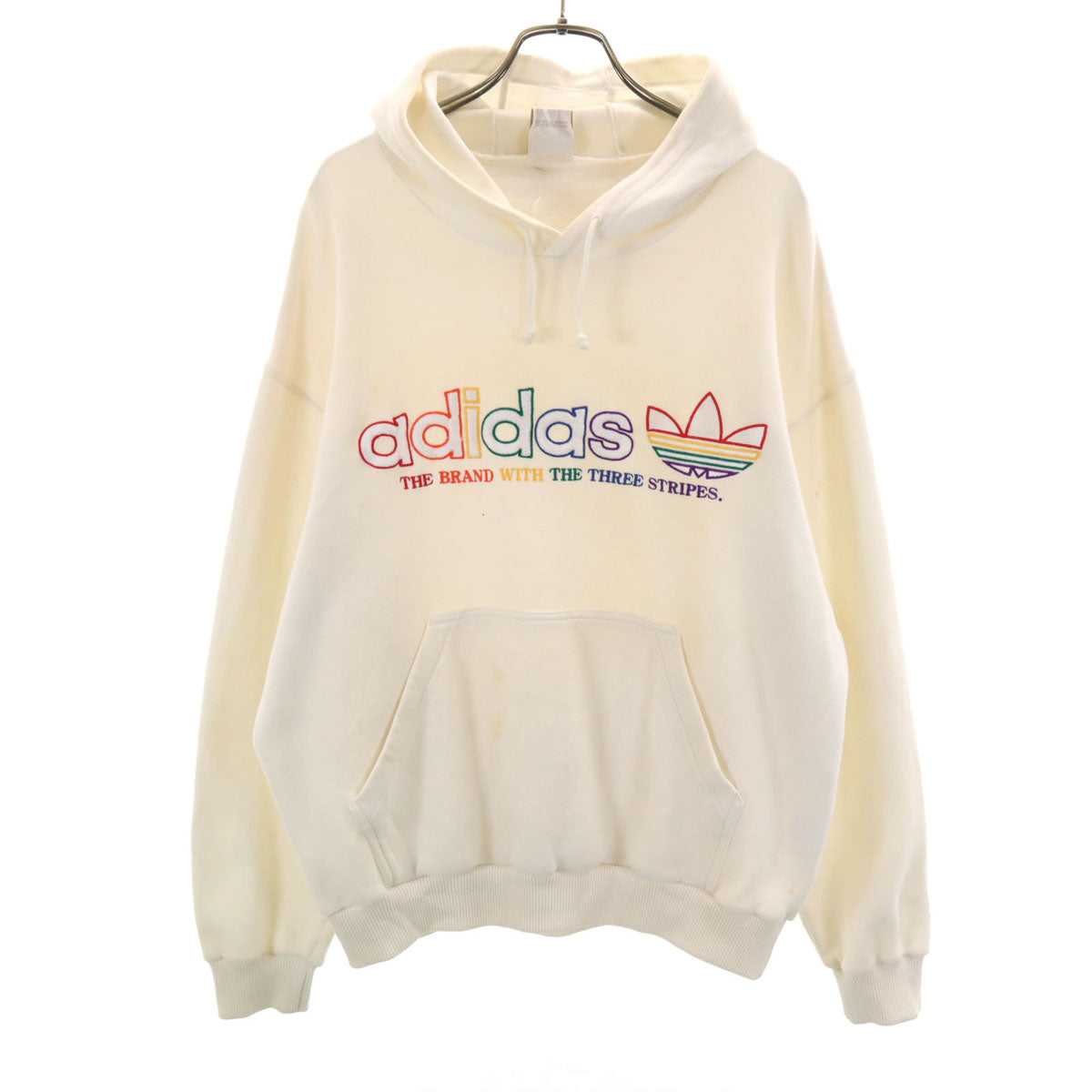 adidas アディダス 80s デサント製 ヴィンテージ トレフォイルロゴ 長袖 スウェットパーカー O アイボリー プルオーバー メンズ