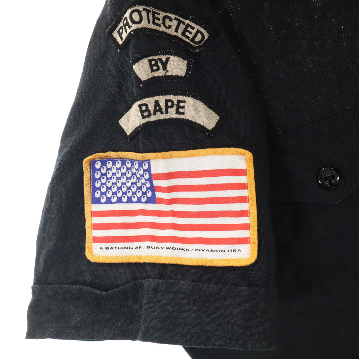 BAPE ベイプ 日本製 リネン 半袖 ミリタリーシャツ M ブラック アベイシングエイプ メンズ