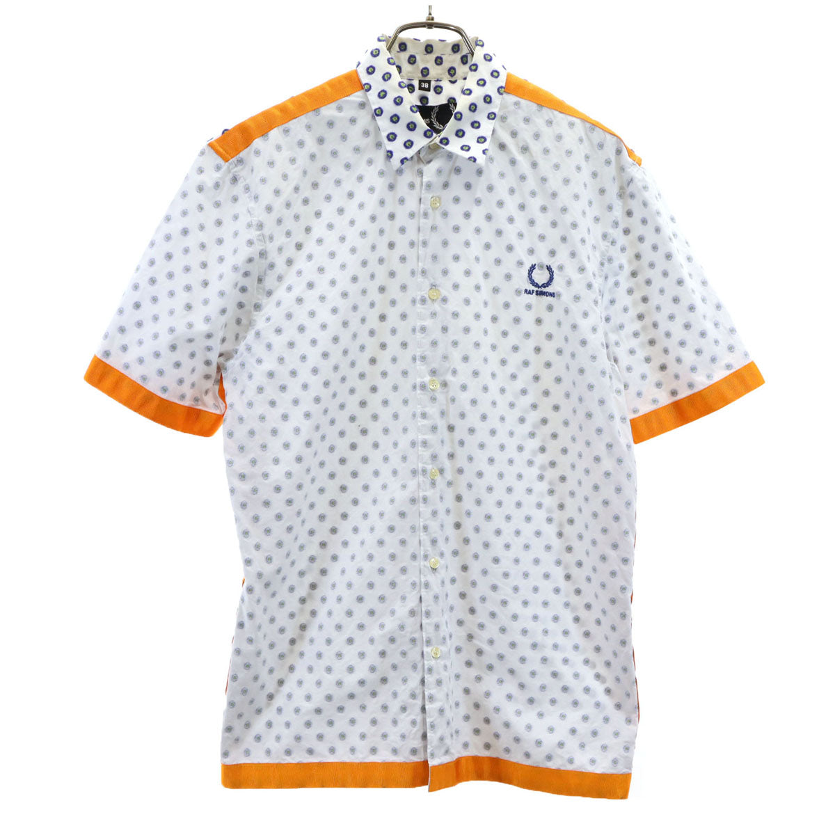 RAF SIMONS ラフシモンズ FRED PERRY フレッドペリー コラボ 総柄 半袖 シャツ 38 ホワイト リバースプリント メンズ