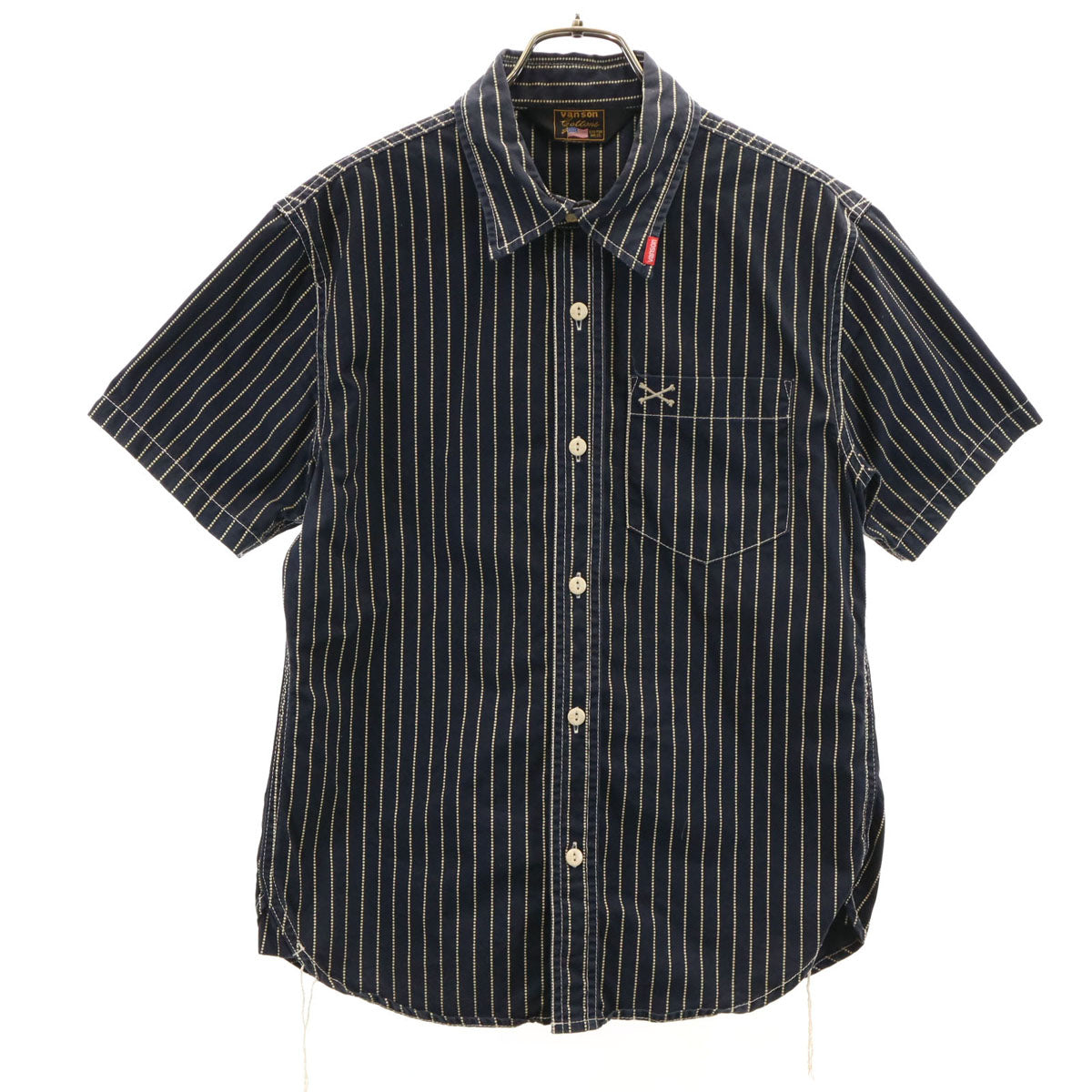 VANSON Cottons バンソンコットンズ ストライプ柄 半袖 ワークシャツ M 濃紺 メンズ