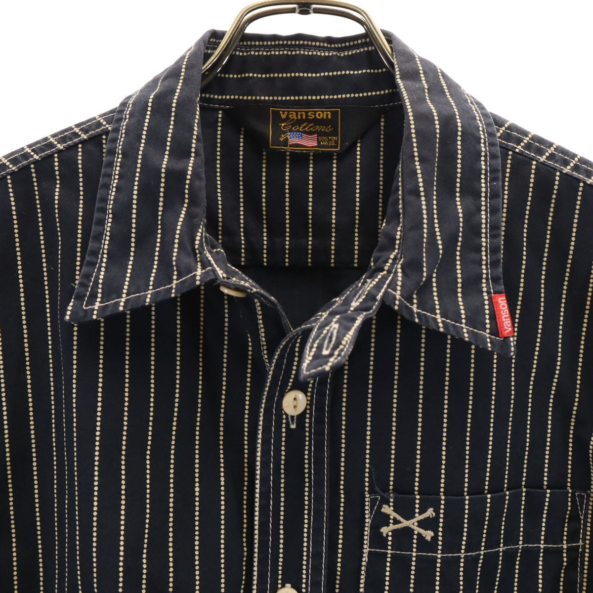 VANSON Cottons バンソンコットンズ ストライプ柄 半袖 ワークシャツ M 濃紺 メンズ