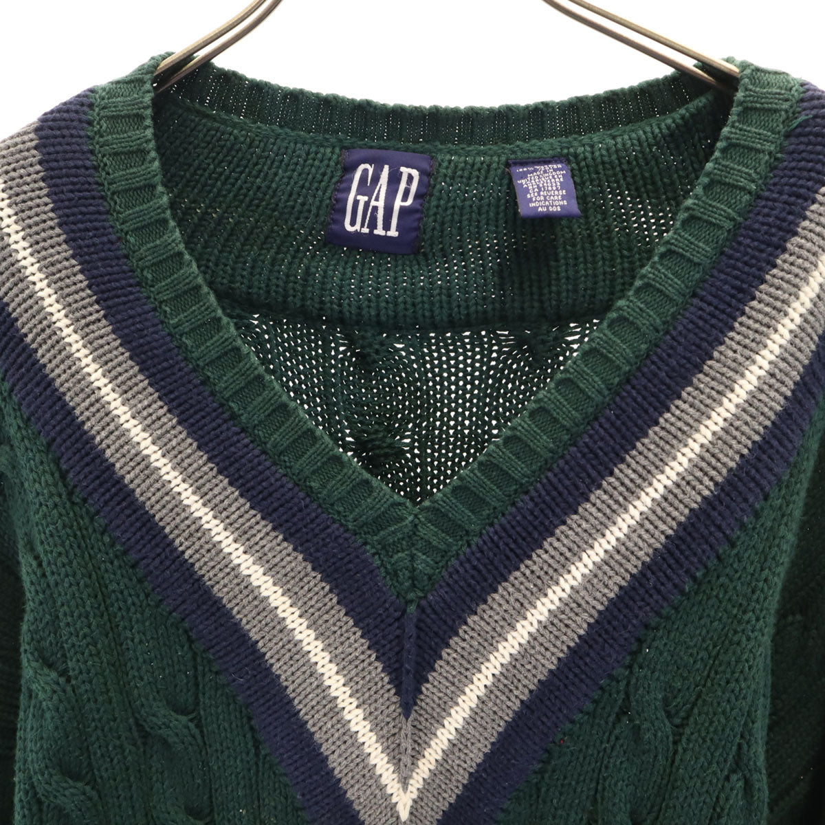 GAP ギャップ 90s オールド チルデン 長袖 Vネック ケーブル ニット L 深緑 セーター メンズ