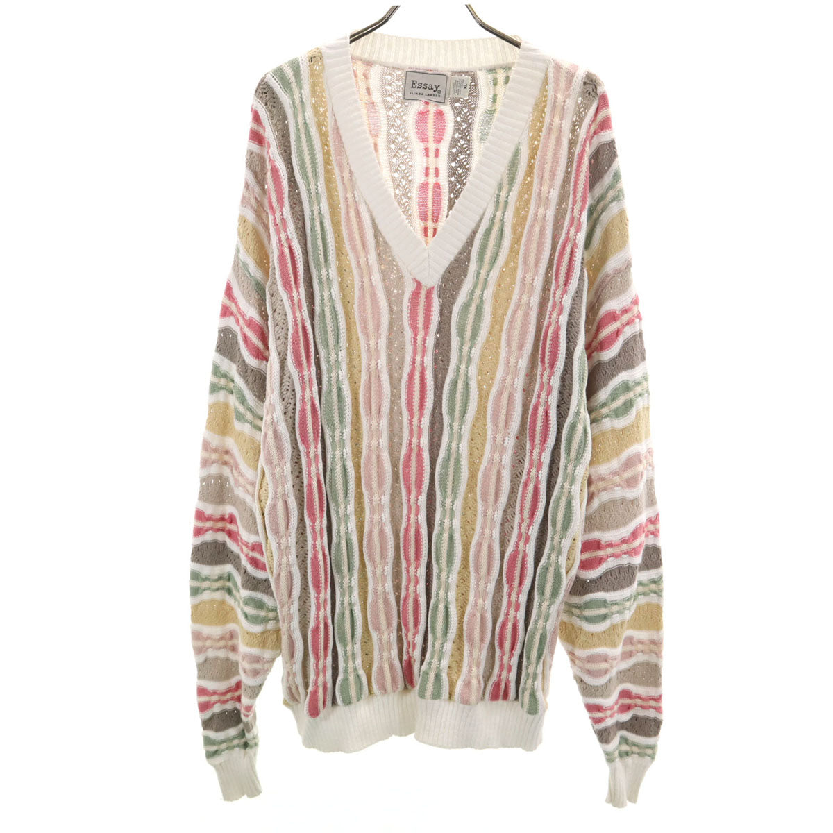 ESSAY エッセイ 90s オールド 3Dニット 長袖 Vネック ニット XL ホワイト系 メンズ