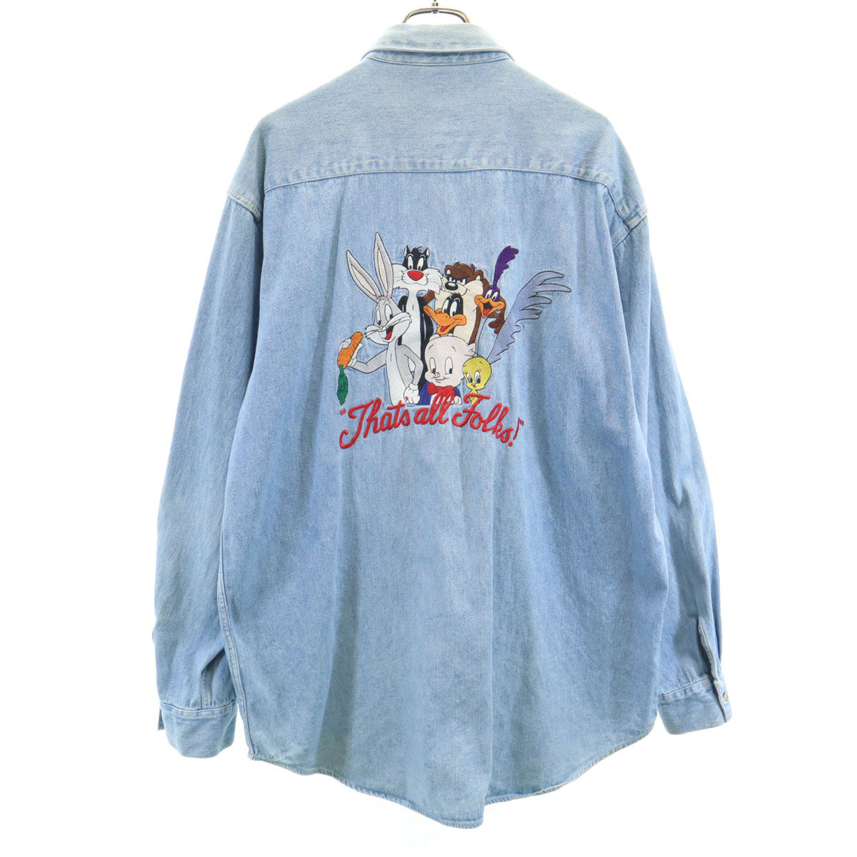 Warner Bros ワーナーブラザーズ 90s オールド バックプリント 長袖 コットンシャツ L ライトブルー メンズ