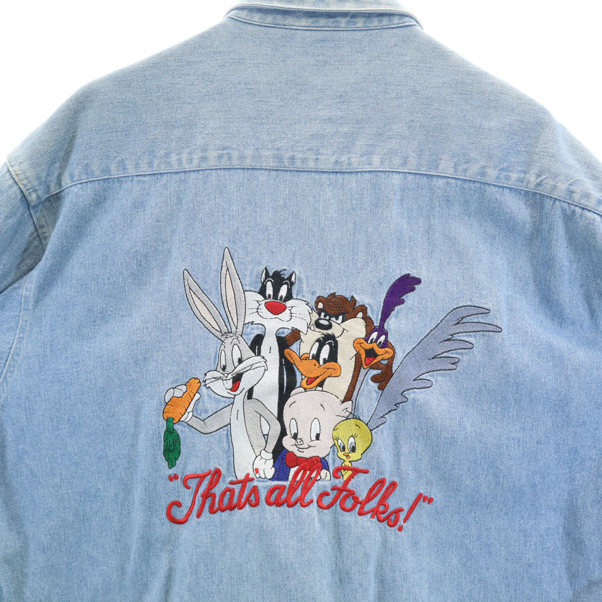 Warner Bros ワーナーブラザーズ 90s オールド バックプリント 長袖 コットンシャツ L ライトブルー メンズ