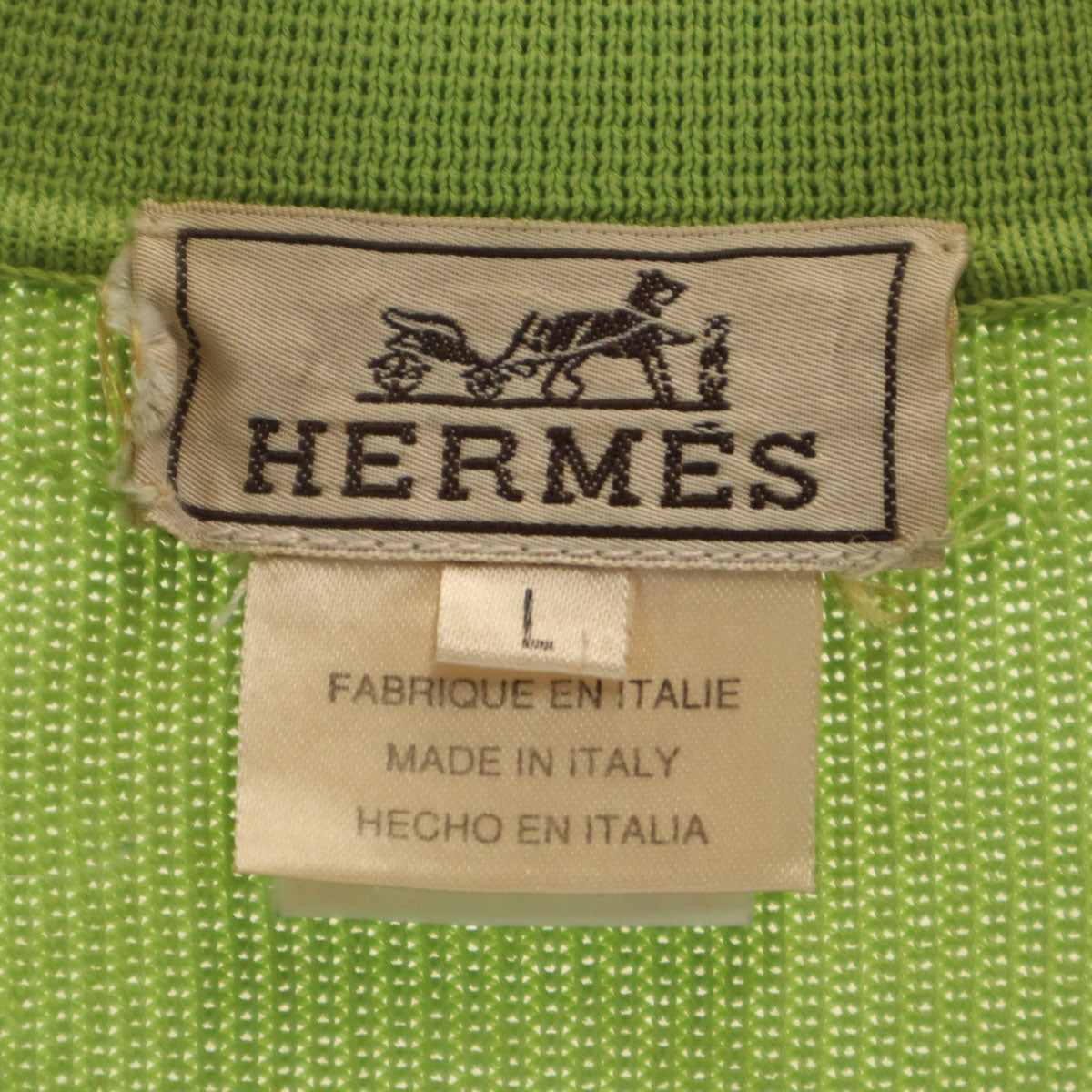 HERMES エルメス イタリア製 オールド 長袖 スキッパーカラー ニット L 黄緑 メンズ