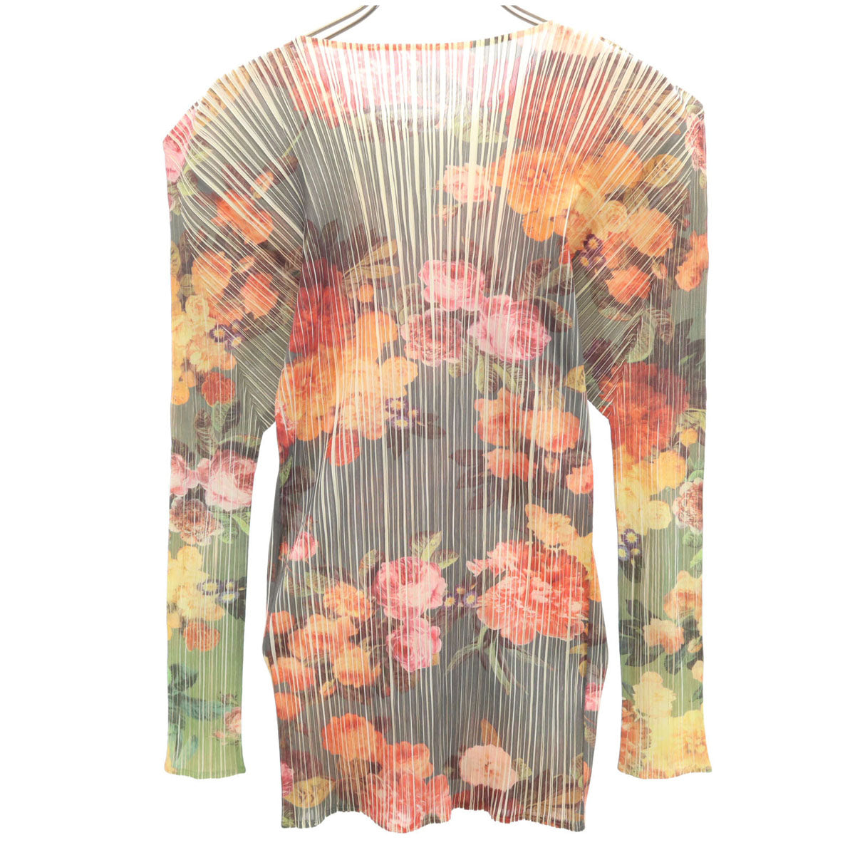 美品 PLEATS PLEASE プリーツプリーズ 90s 日本製 オールド 花柄 長袖 プリーツ カットソー 3 グリーン系 イッセイミヤケ レディース