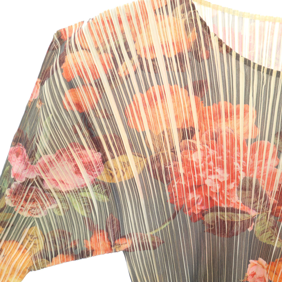 美品 PLEATS PLEASE プリーツプリーズ 90s 日本製 オールド 花柄 長袖 プリーツ カットソー 3 グリーン系 イッセイミヤケ レディース