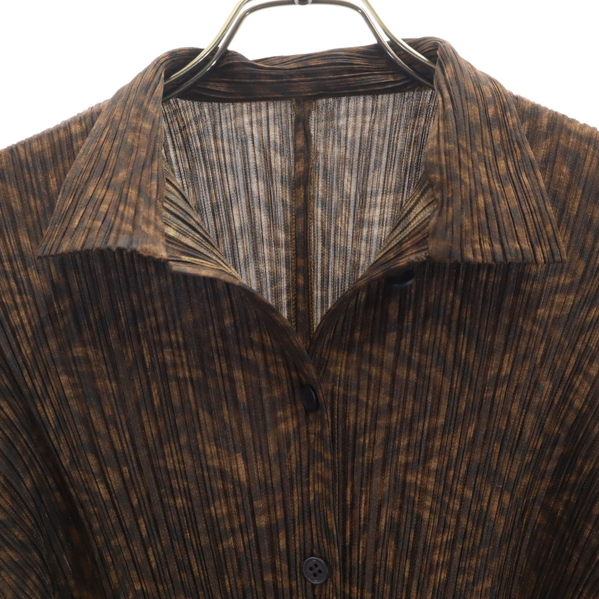 美品 PLEATS PLEASE プリーツプリーズ 日本製 総柄 長袖 プリーツ シャツ 3 ブラウン イッセイミヤケ レディース