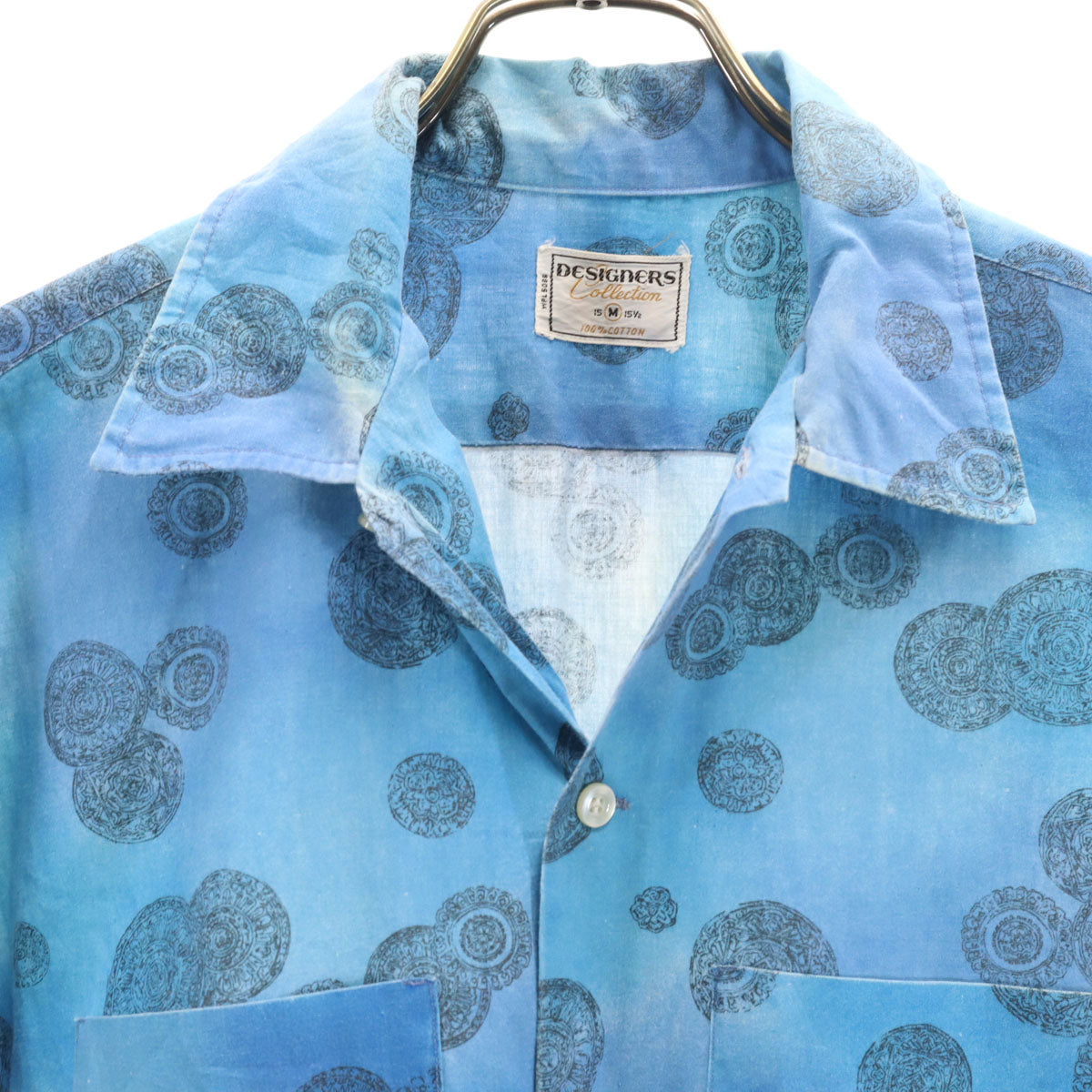 DESIGNERS COLLECTION デザイナーズ コレクション 60s 70s ヴィンテージ 総柄 半袖 コットンシャツ M 水色 メンズ