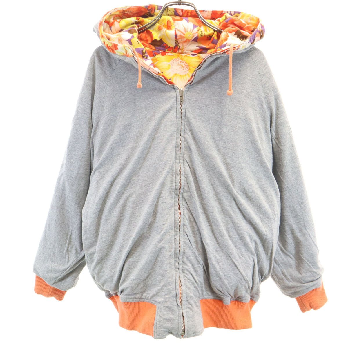 I.S. ISSEY MIYAKE アイエス イッセイミヤケ 80s 日本製 ヴィンテージ 花柄 長袖 リバーシブル ジップパーカー 9 オレンジ系 レディース