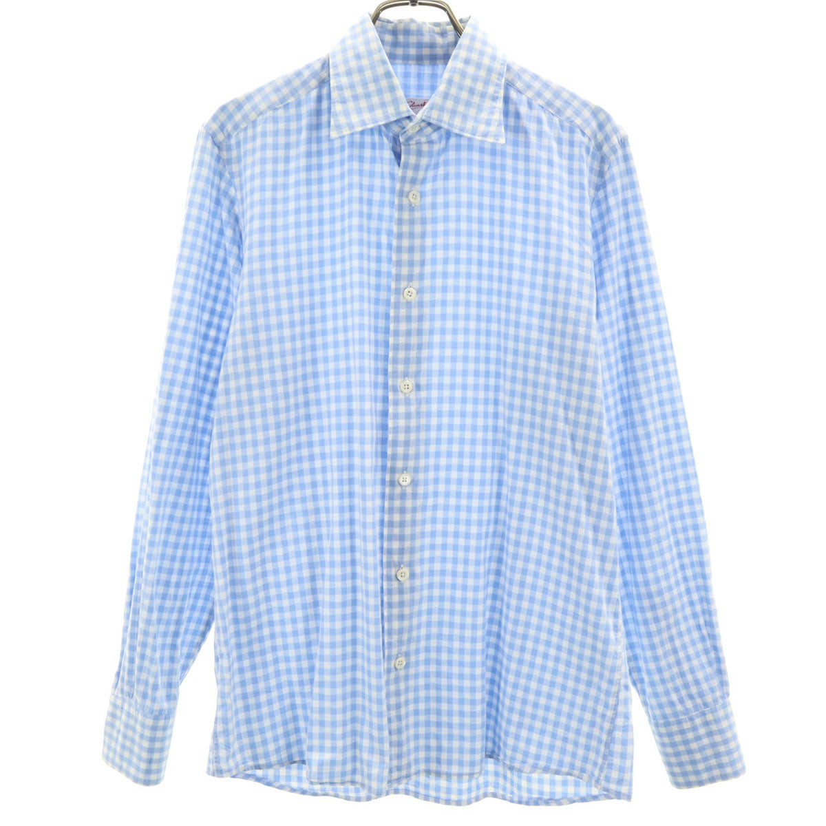 Glanshirt グランシャツ チェック柄 長袖 シワ加工 コットンシャツ 39 ブルー メンズ