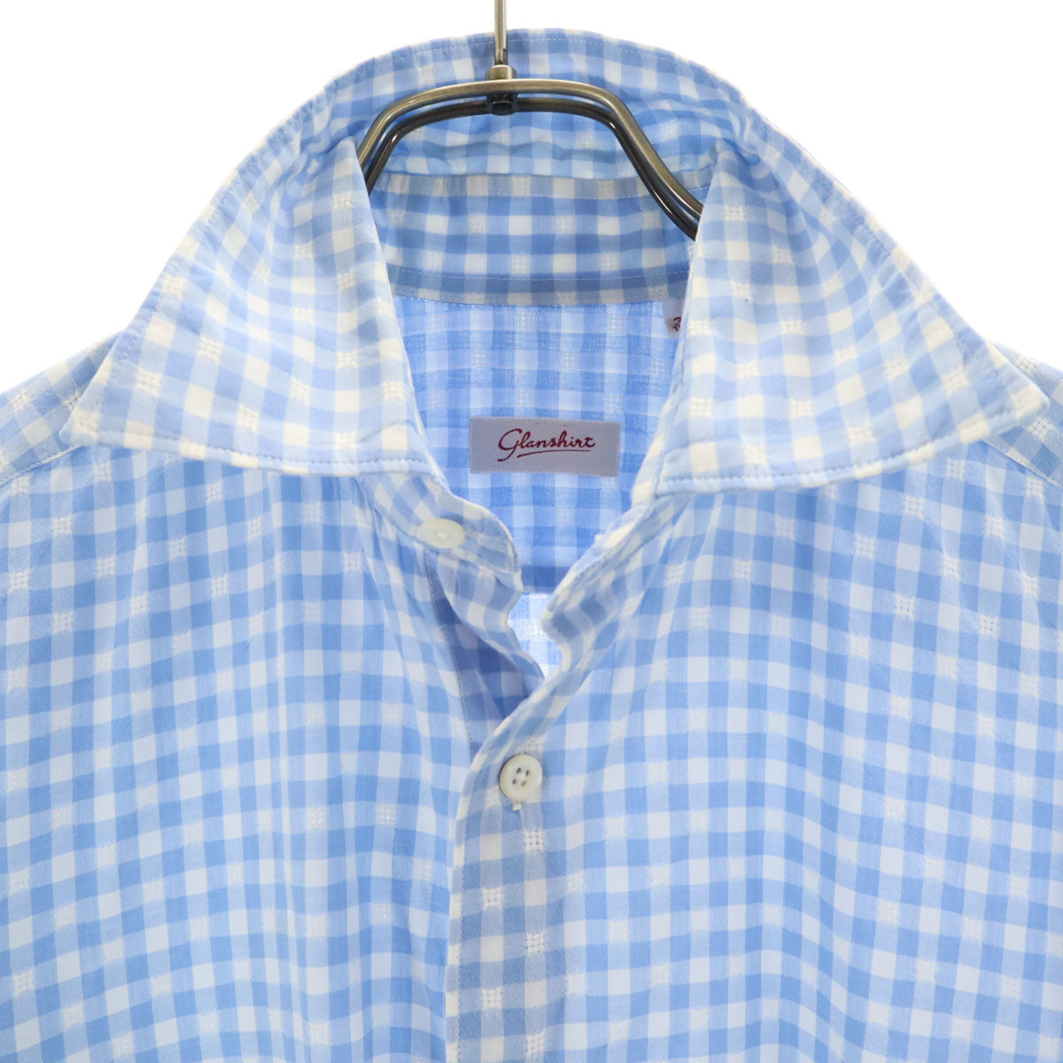 Glanshirt グランシャツ チェック柄 長袖 シワ加工 コットンシャツ 39 ブルー メンズ