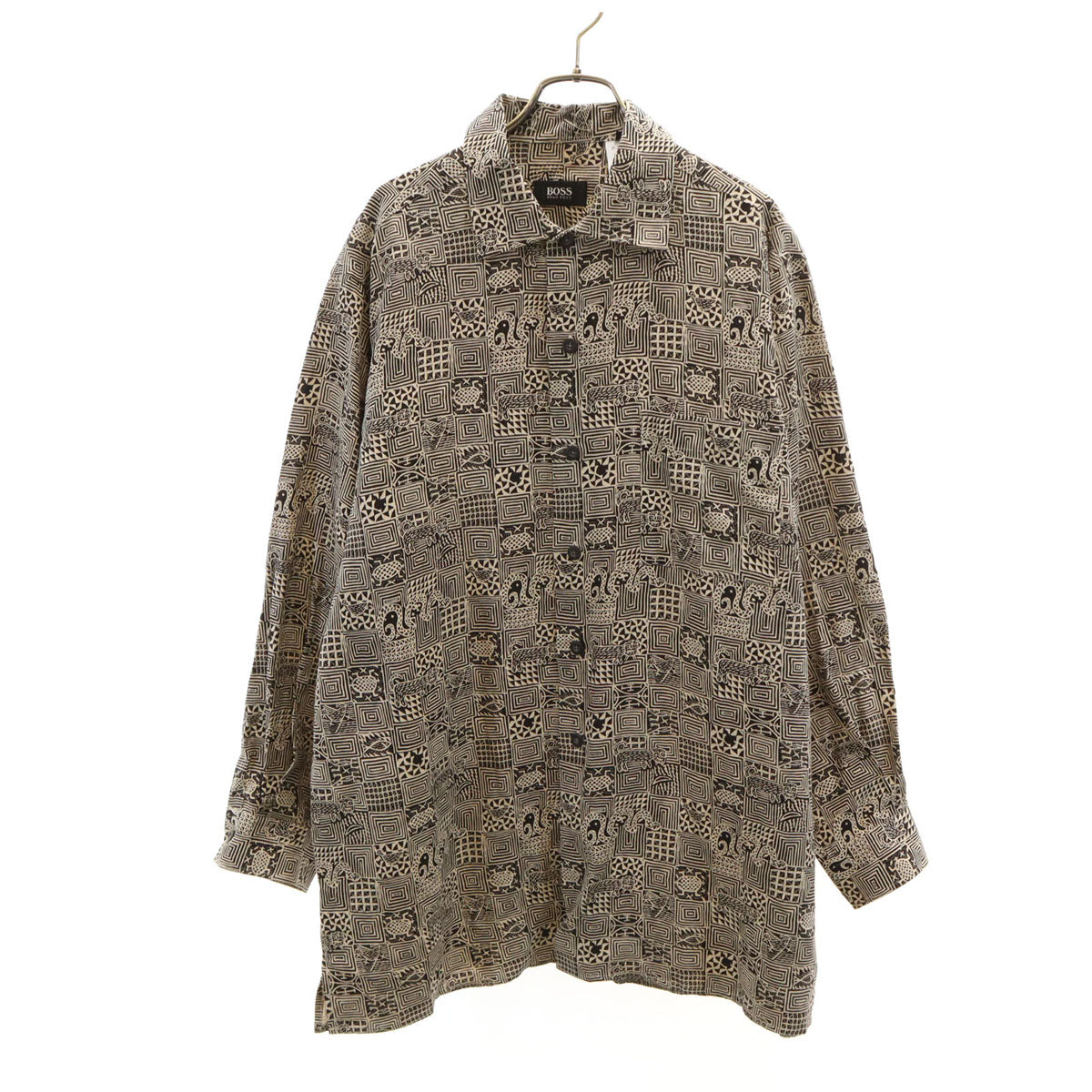美品 BOSS HUGO BOSS ボスヒューゴボス 総柄 長袖 シャツ L ベージュ アニマル 動物 メンズ