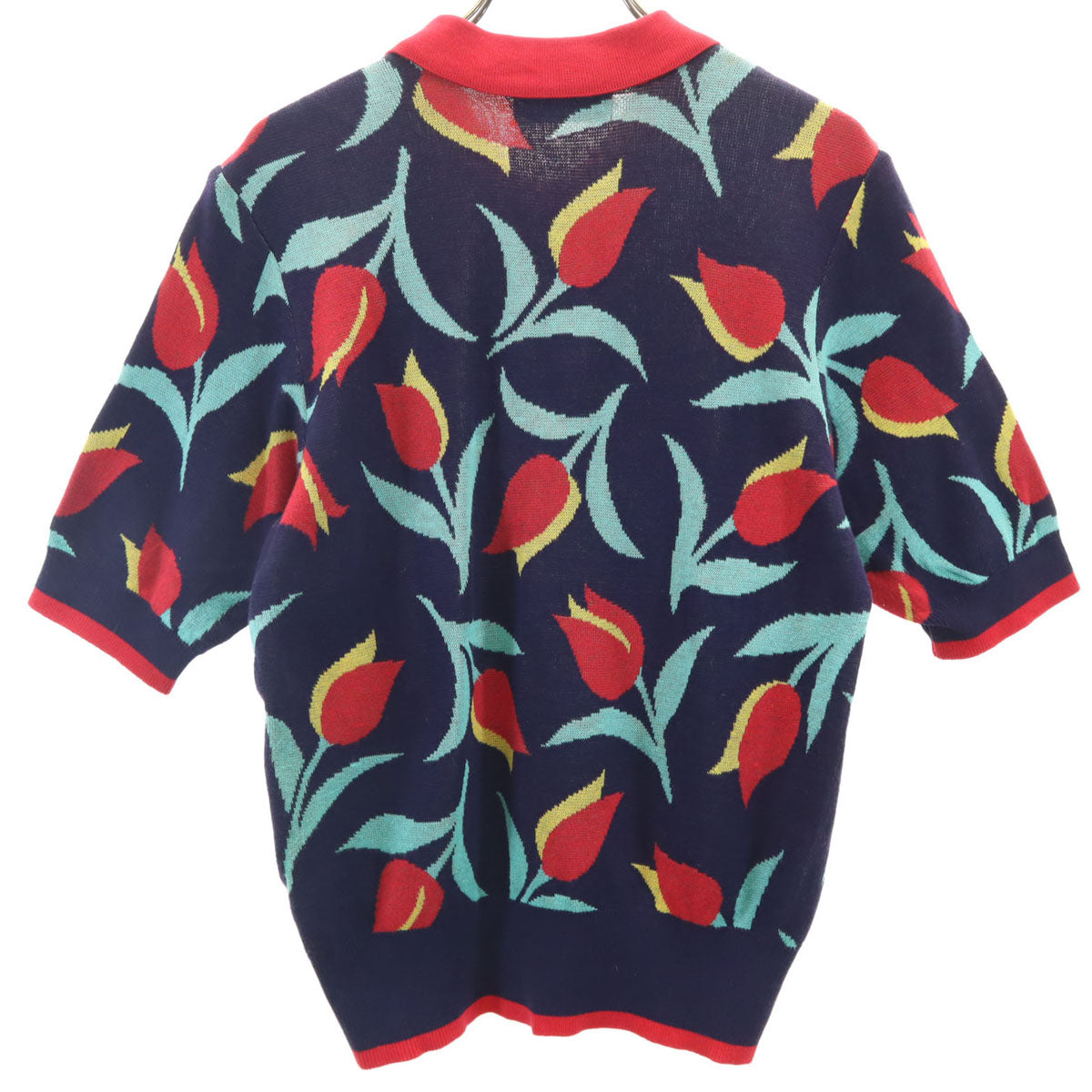 YVES SAINT LAURENT イヴサンローラン 90s オールド チューリップ柄 半袖 ポロ ニット M ネイビー レディース