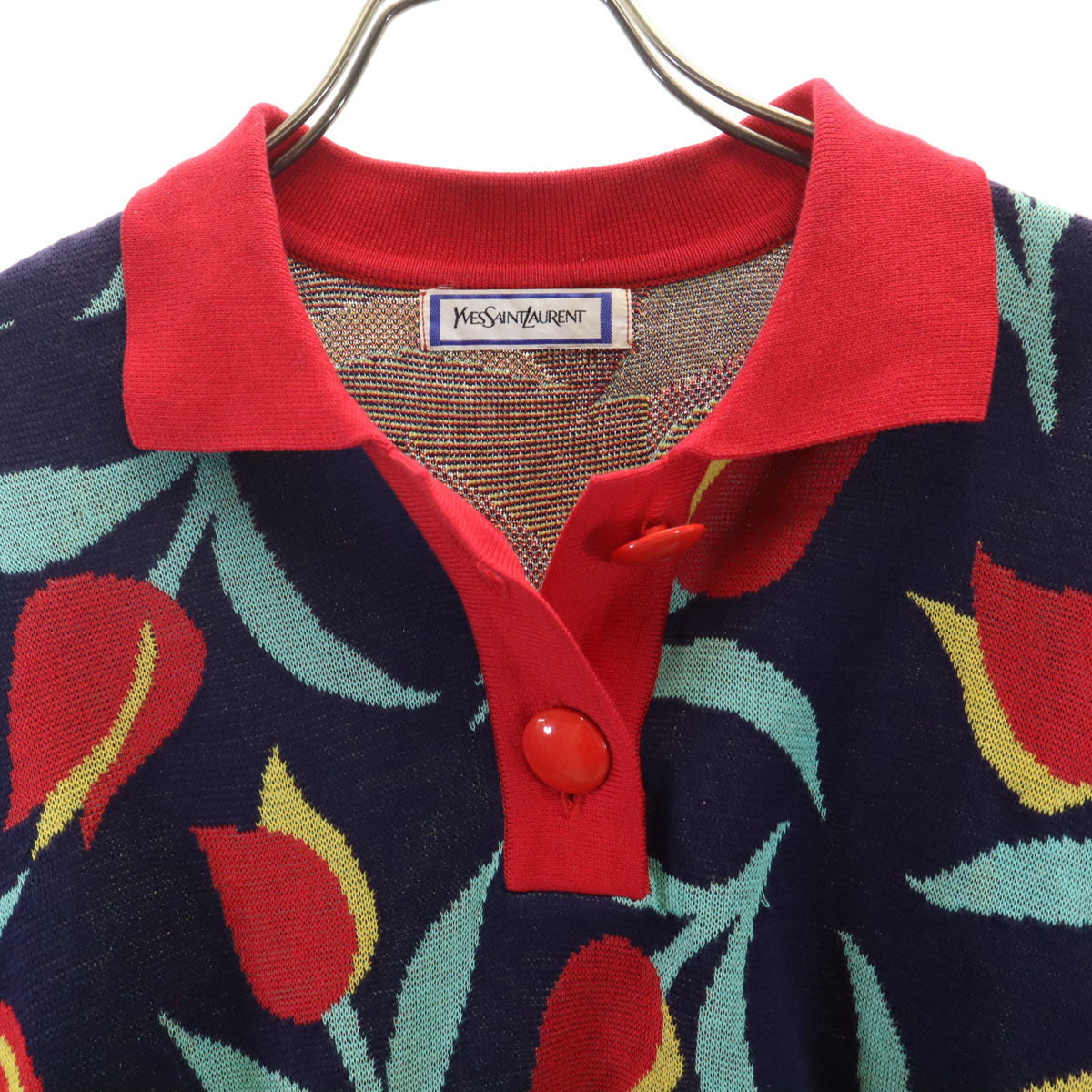 YVES SAINT LAURENT イヴサンローラン 90s オールド チューリップ柄 半袖 ポロ ニット M ネイビー レディース
