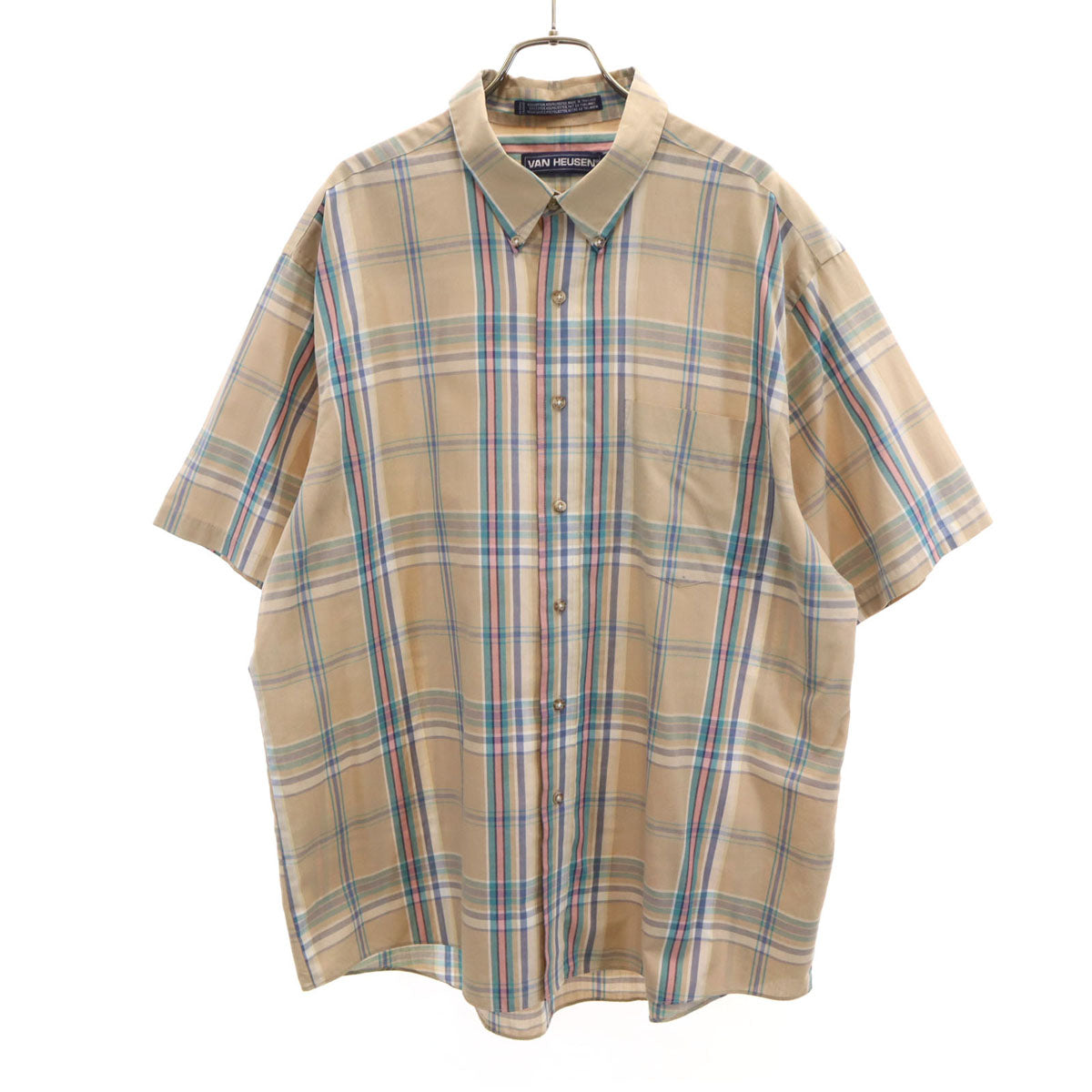 VAN HEUSEN ヴァンヒューゼン 90s オールド チェック柄 半袖 ボタンダウンシャツ XL ベージュ メンズ