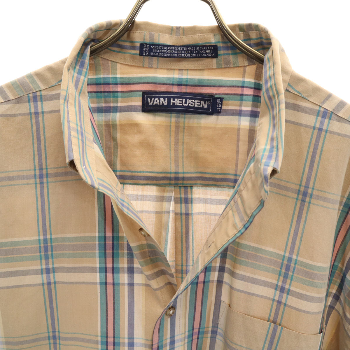 VAN HEUSEN ヴァンヒューゼン 90s オールド チェック柄 半袖 ボタンダウンシャツ XL ベージュ メンズ