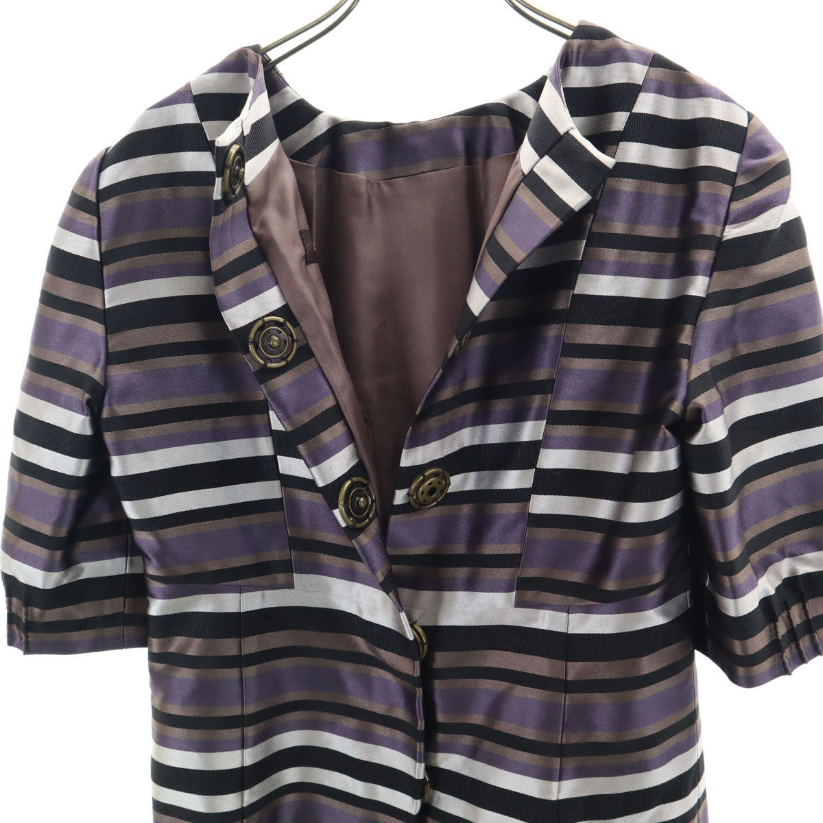 LOUIS VUITTON ルイヴィトン フランス製 シルクブレンド ボーダー柄 5分袖 ブラウス 38 パープル レディース