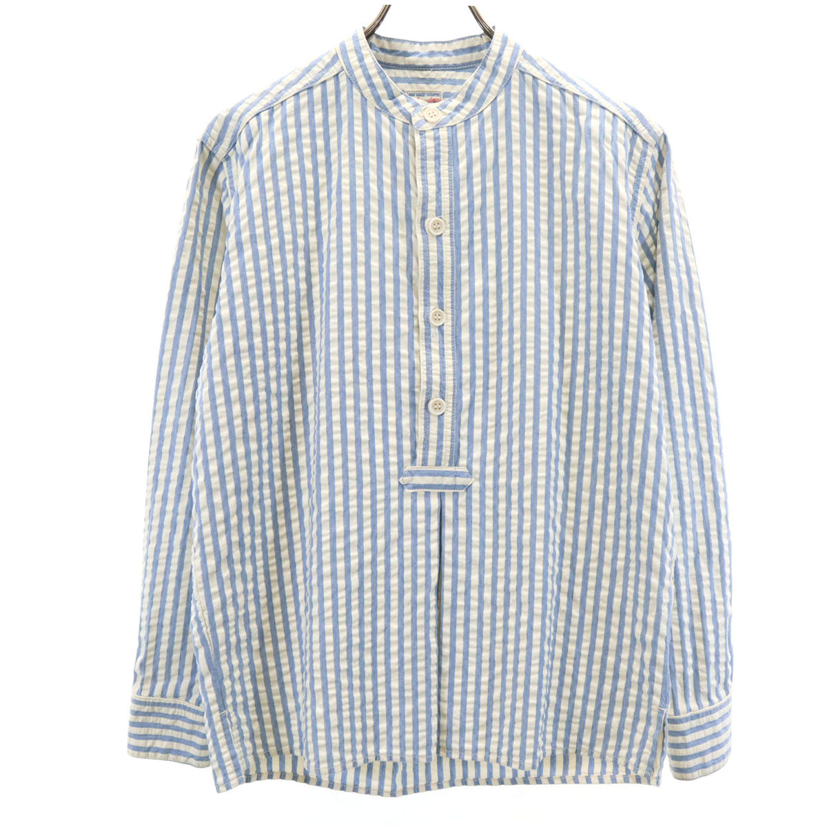 MOMOTARO JEANS 桃太郎ジーンズ ストライプ柄 長袖 プルオーバー バンドカラーシャツ 36 ホワイト シアサッカー メンズ